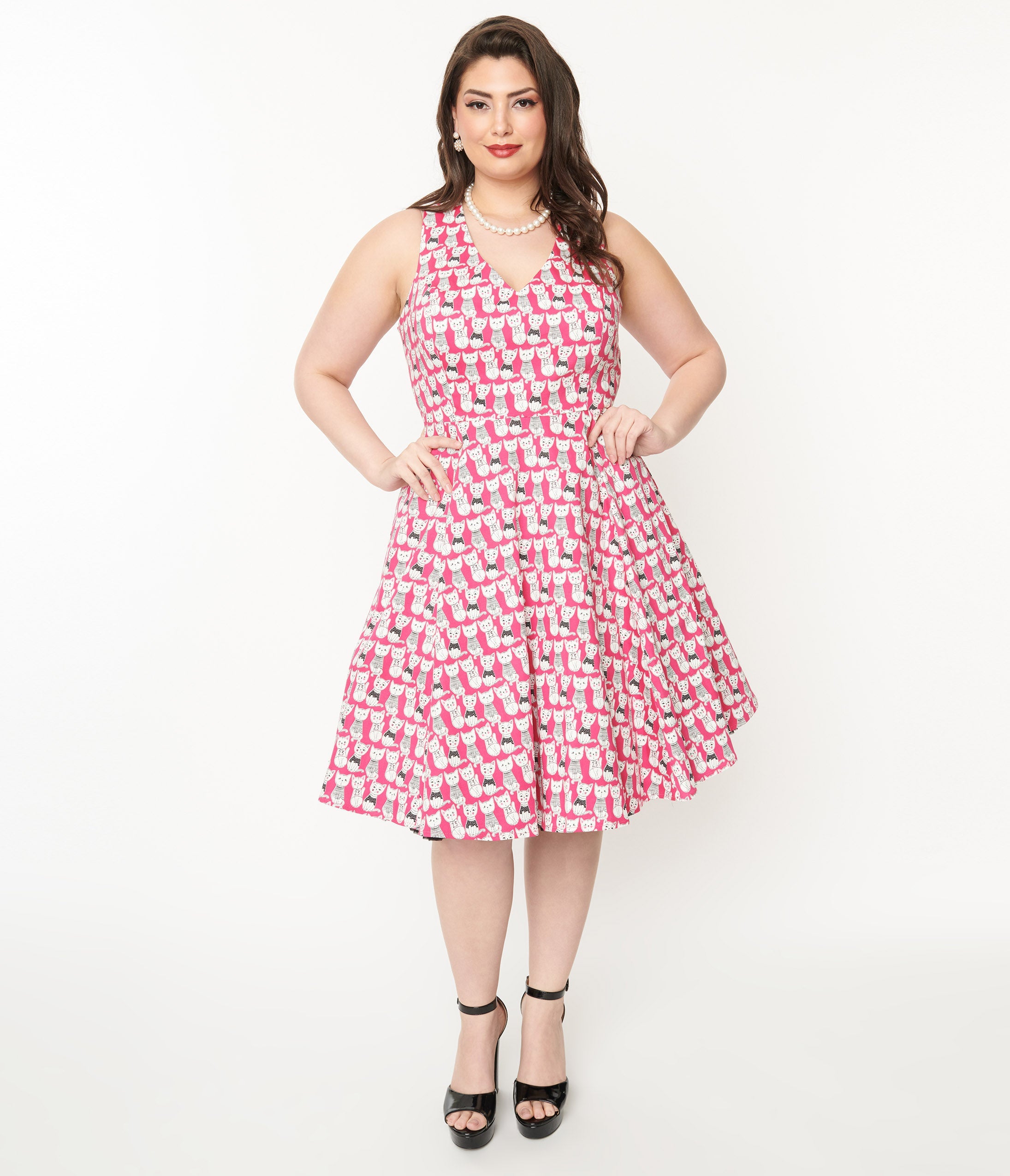 Plus Size 1950s Style Hot Pink Cat Print Sleeveless Swing Dress