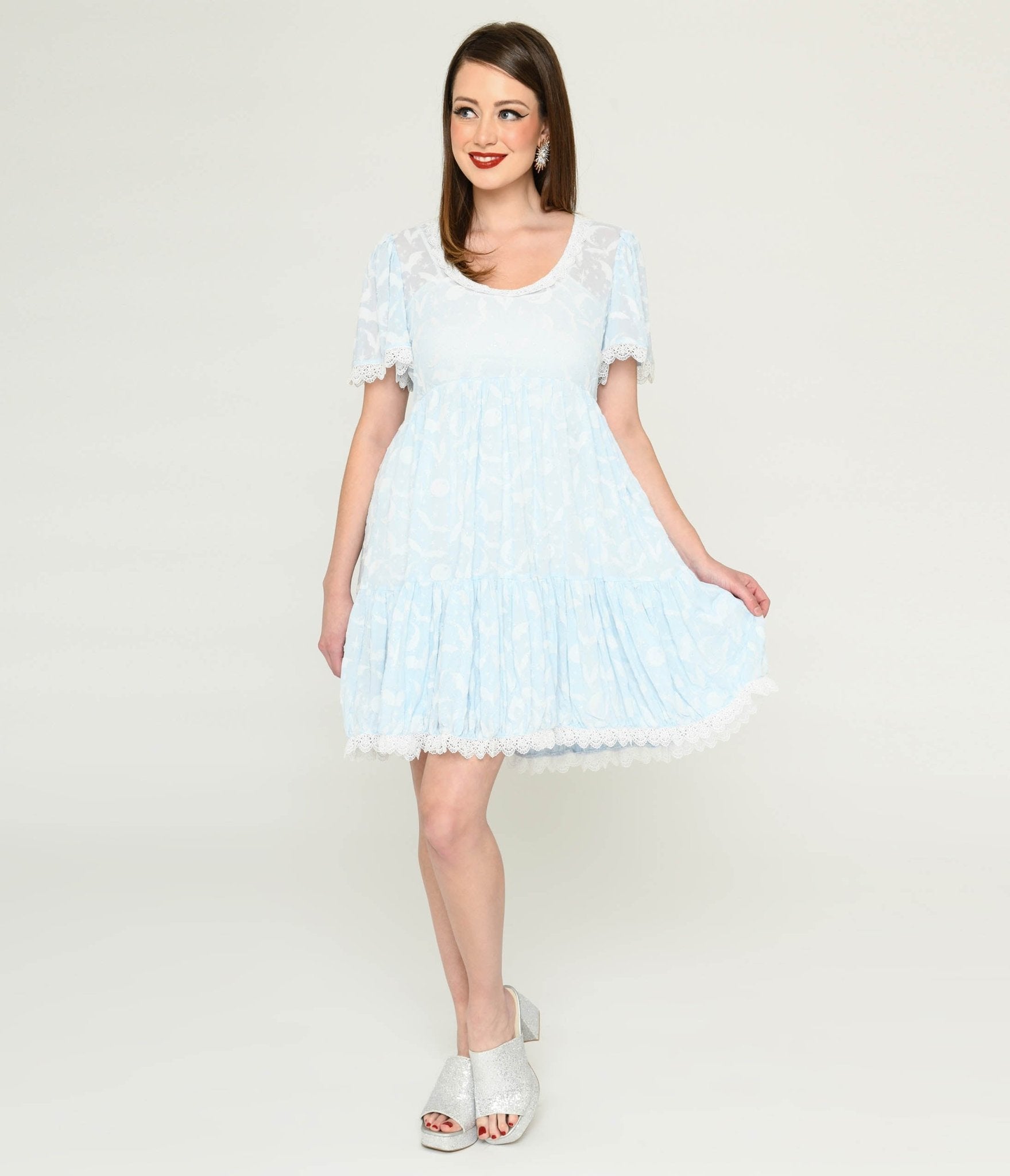 Ice Blue Bat & Moon Flocked Babydoll Dress