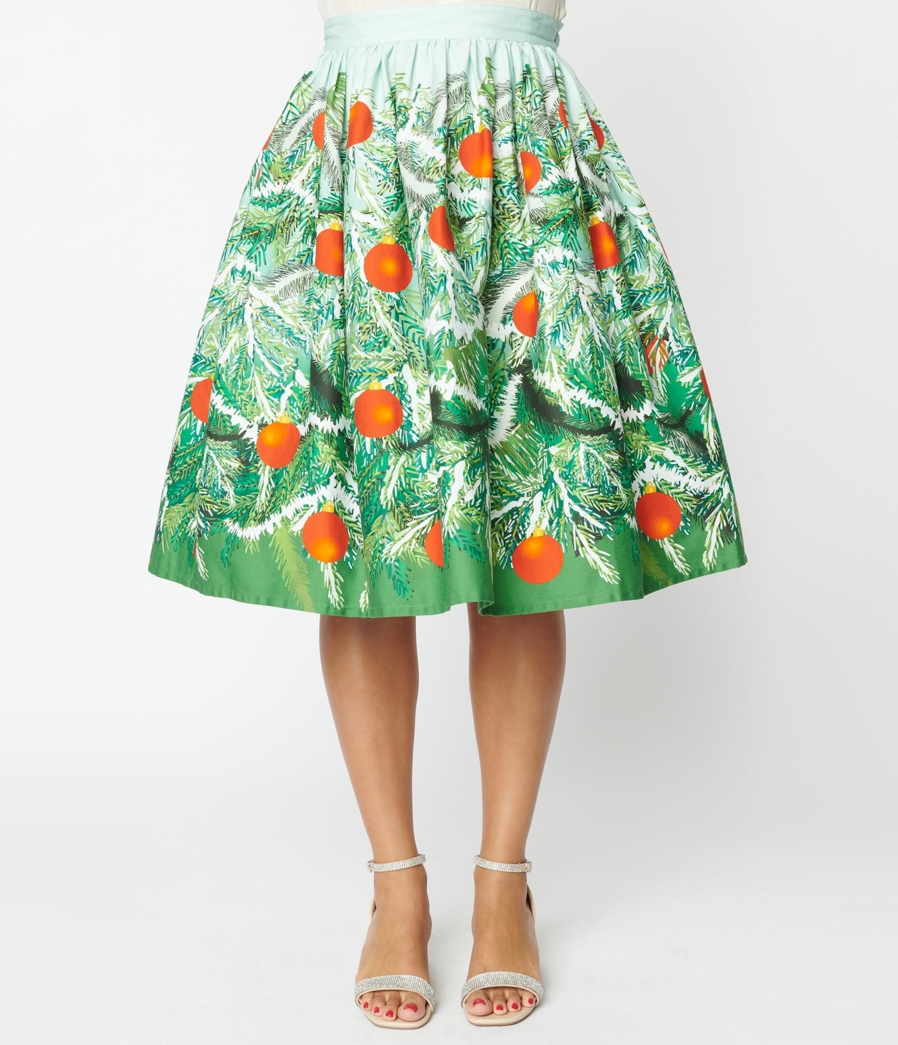 Unique Vintage Green Evergreen & Red Ornaments Swing Skirt