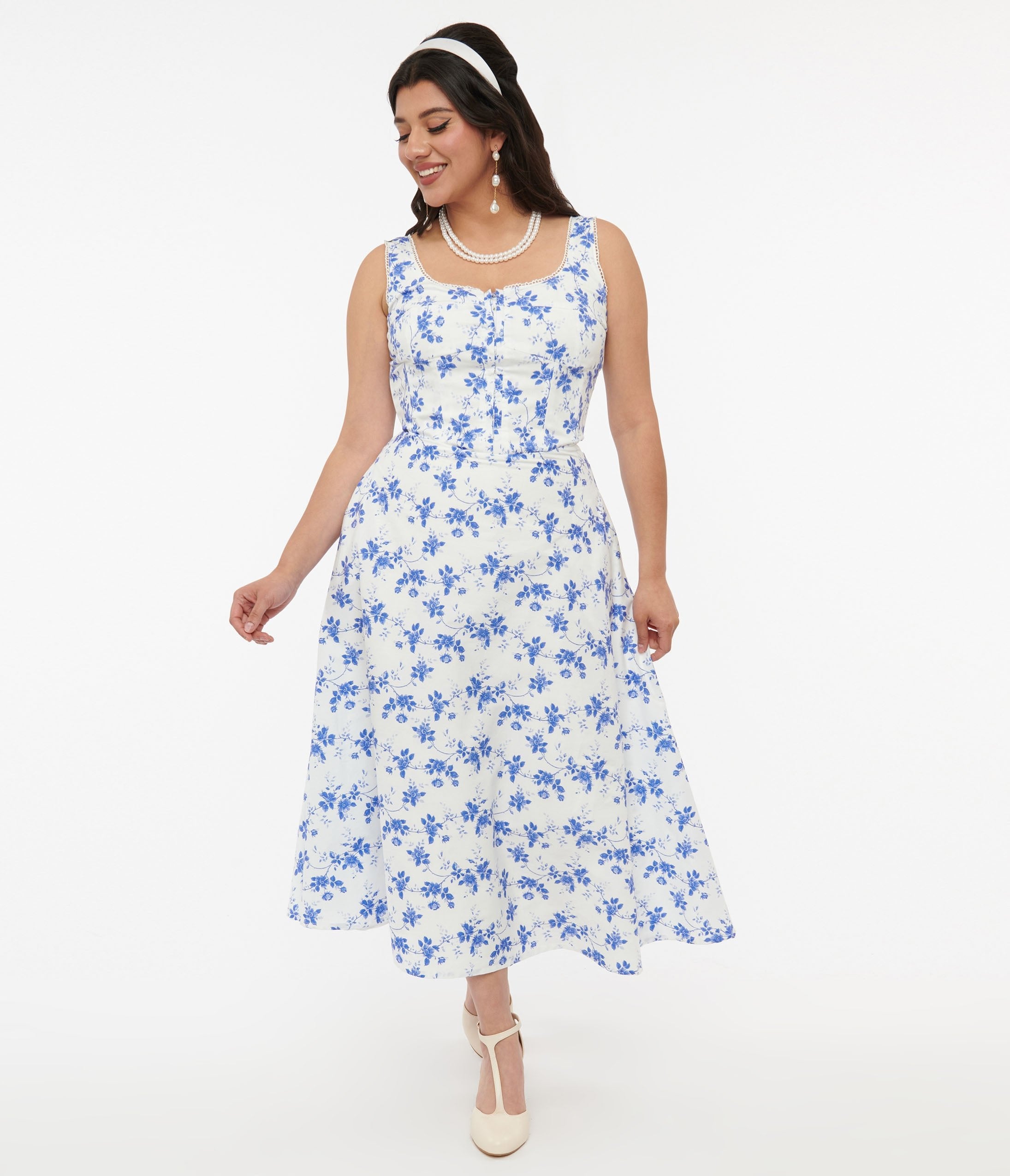 White & Blue Floral Cotton Midi Dress