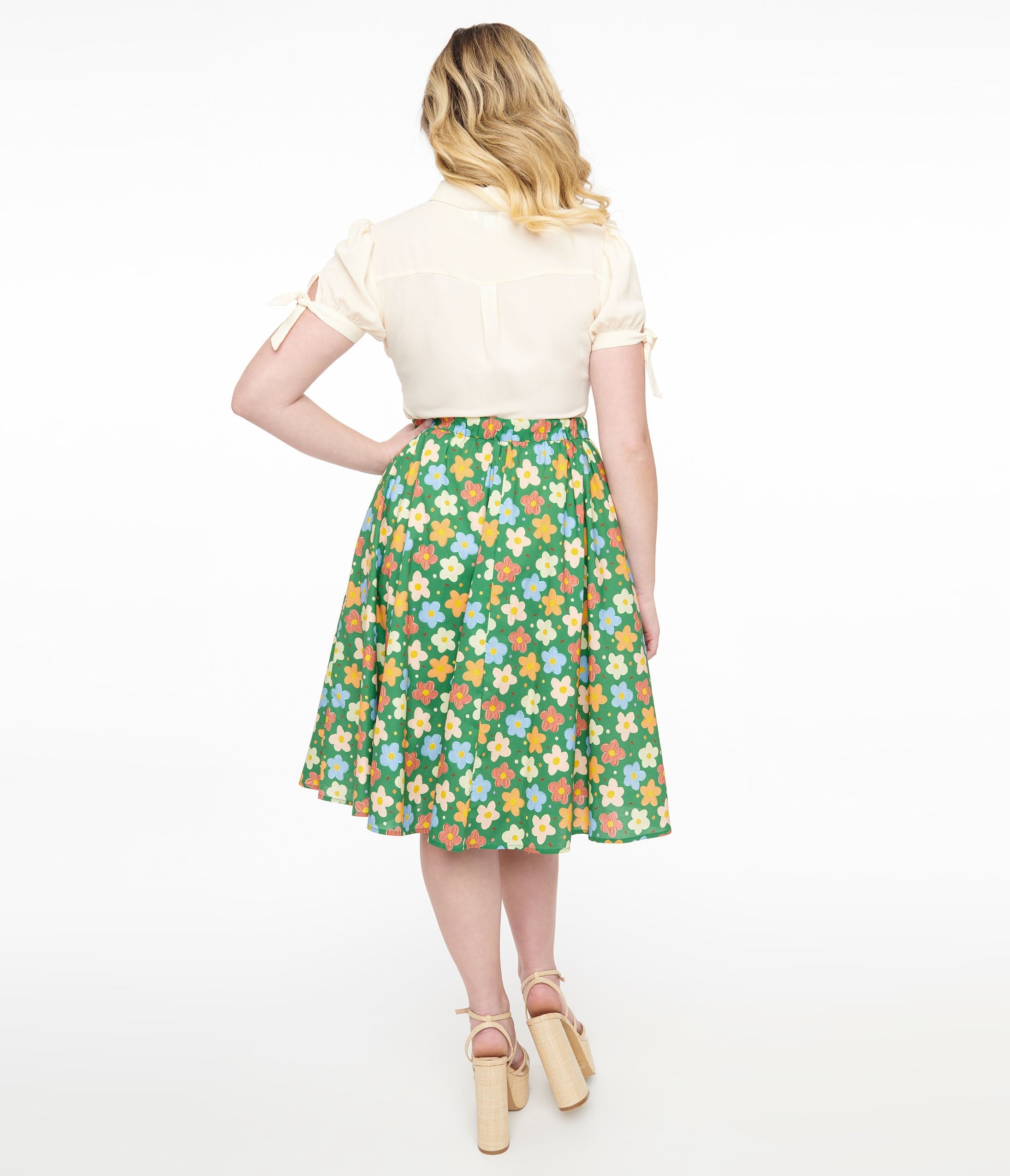 1950s Green Retro Floral Cotton Swing Skirt