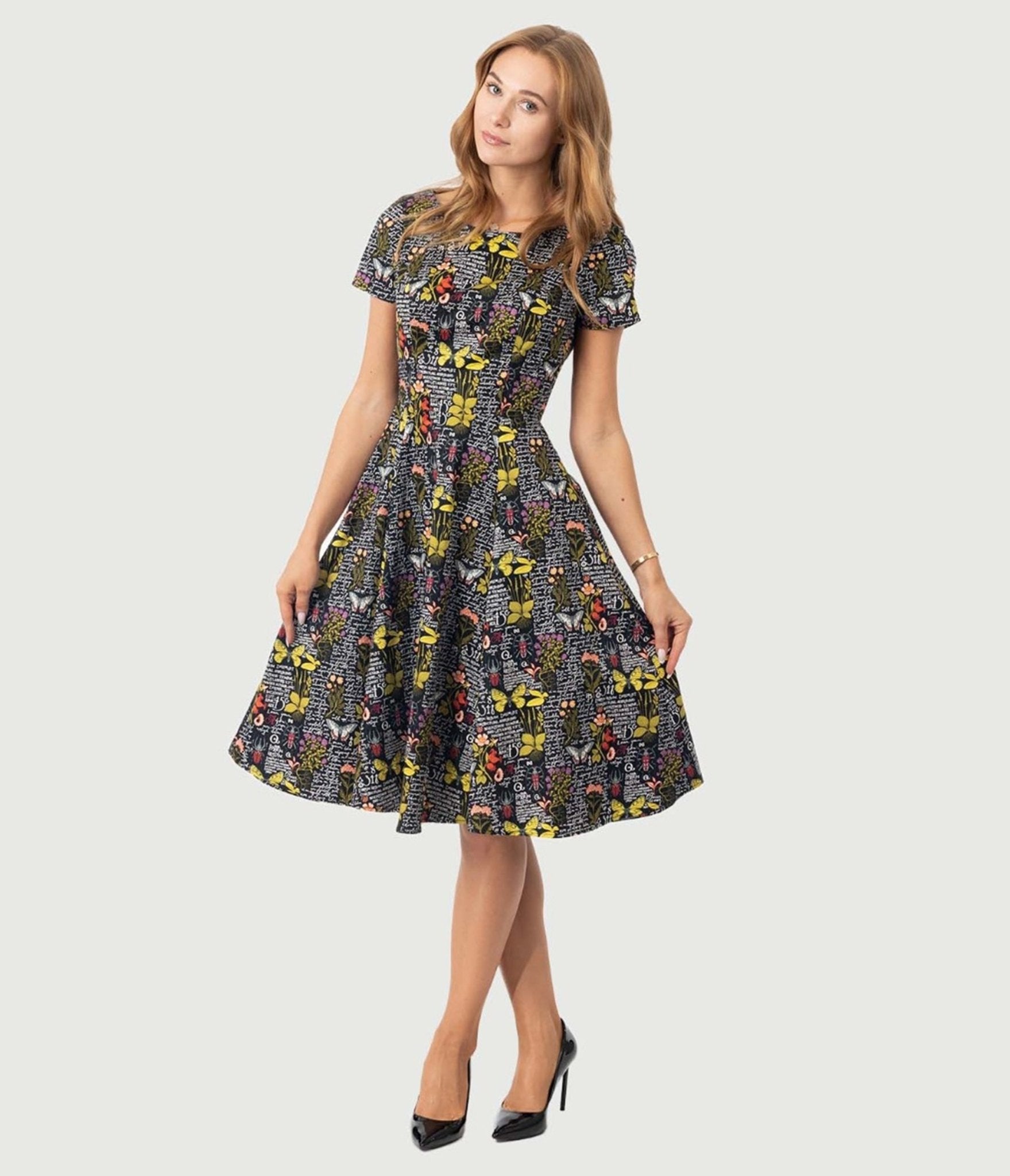 Black & Botanical Butterfly Print Swing Dress