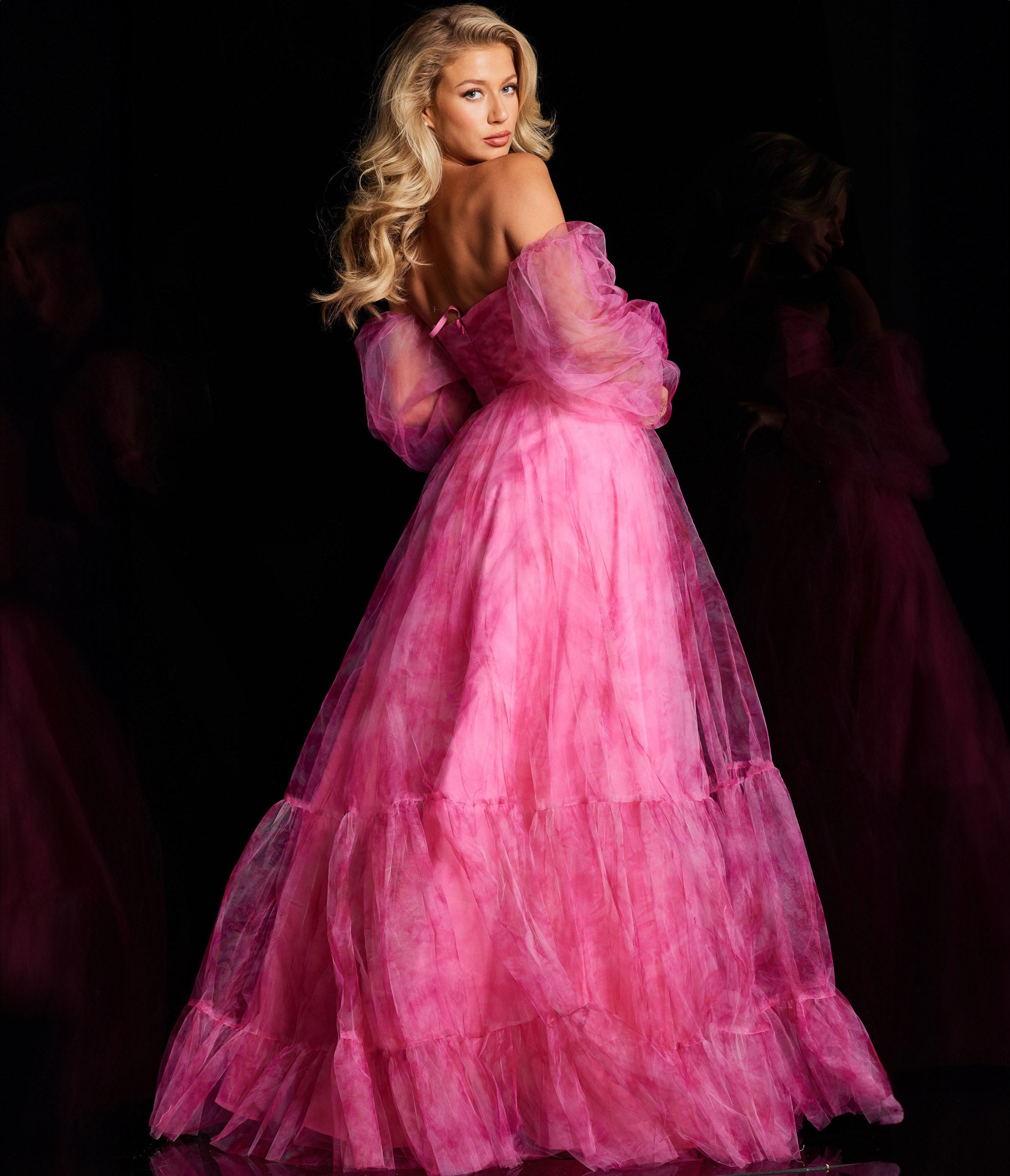 Jovani Fuchsia Off The Shoulder Ruched Organza Ballgown