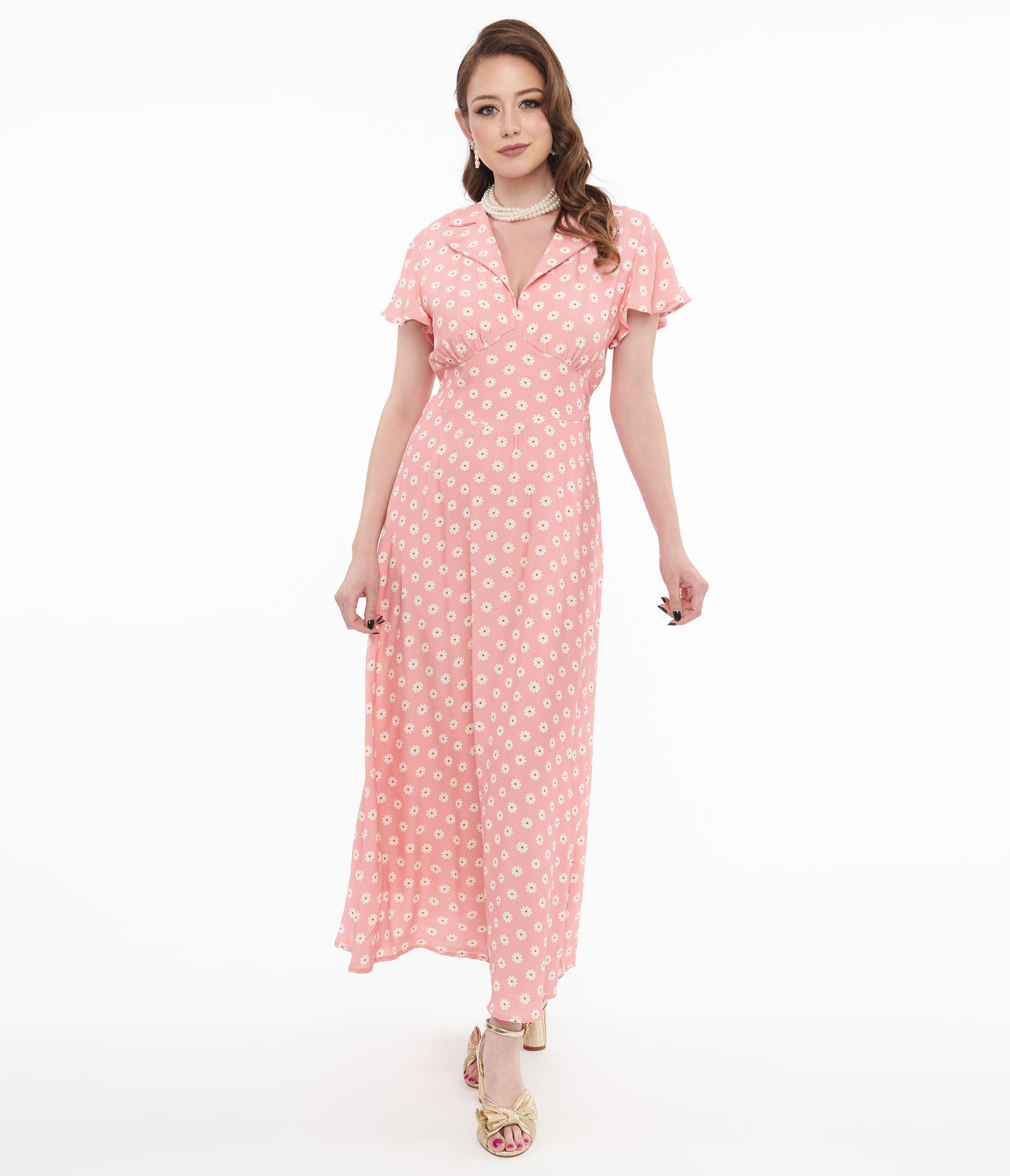 1930s Pink Daisy Salome Midi Dress