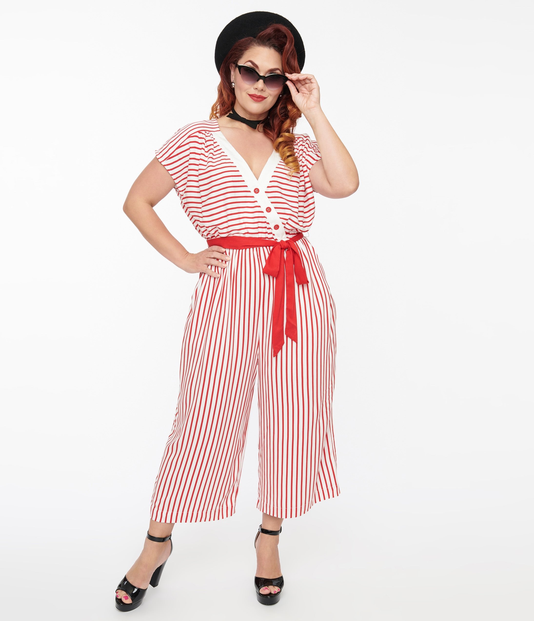 Hell Bunny 1950s White & Red Striped Jumpsuit