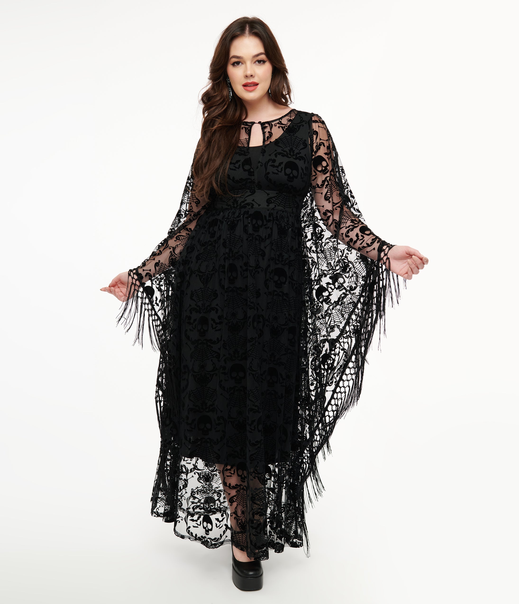 Unique Vintage 1960s Black Baroque Skull Burnout Fringe Flutter Sleeve Caftan