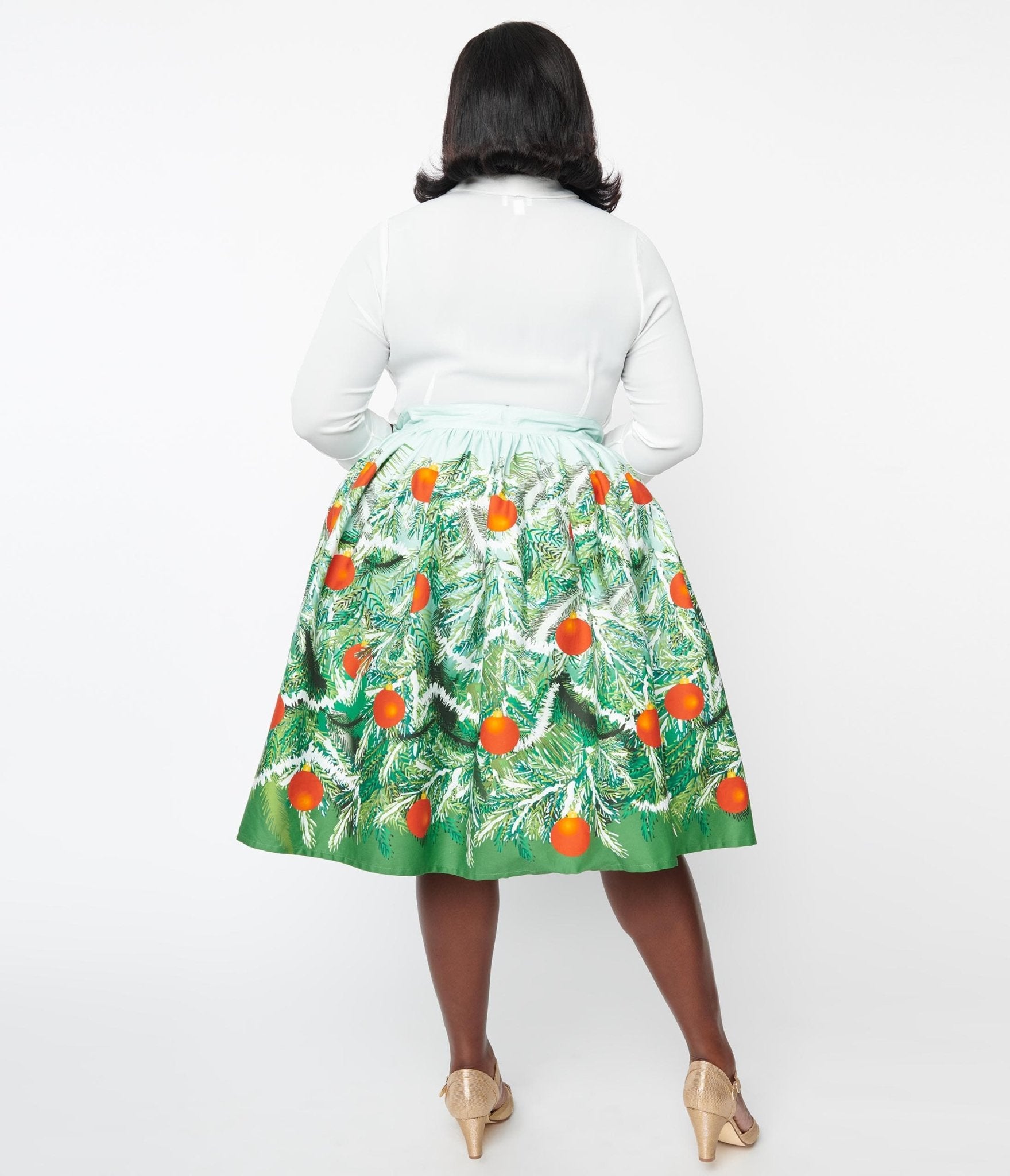 Unique Vintage Plus Size Green Evergreen & Red Ornaments Swing Skirt