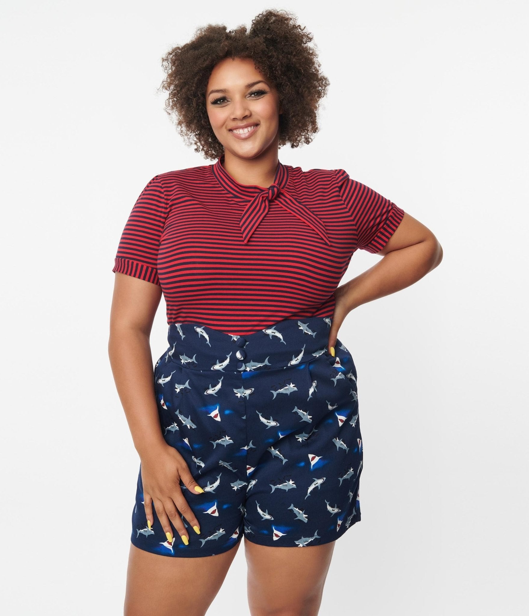 Plus Size Navy & Shark Print Shorts