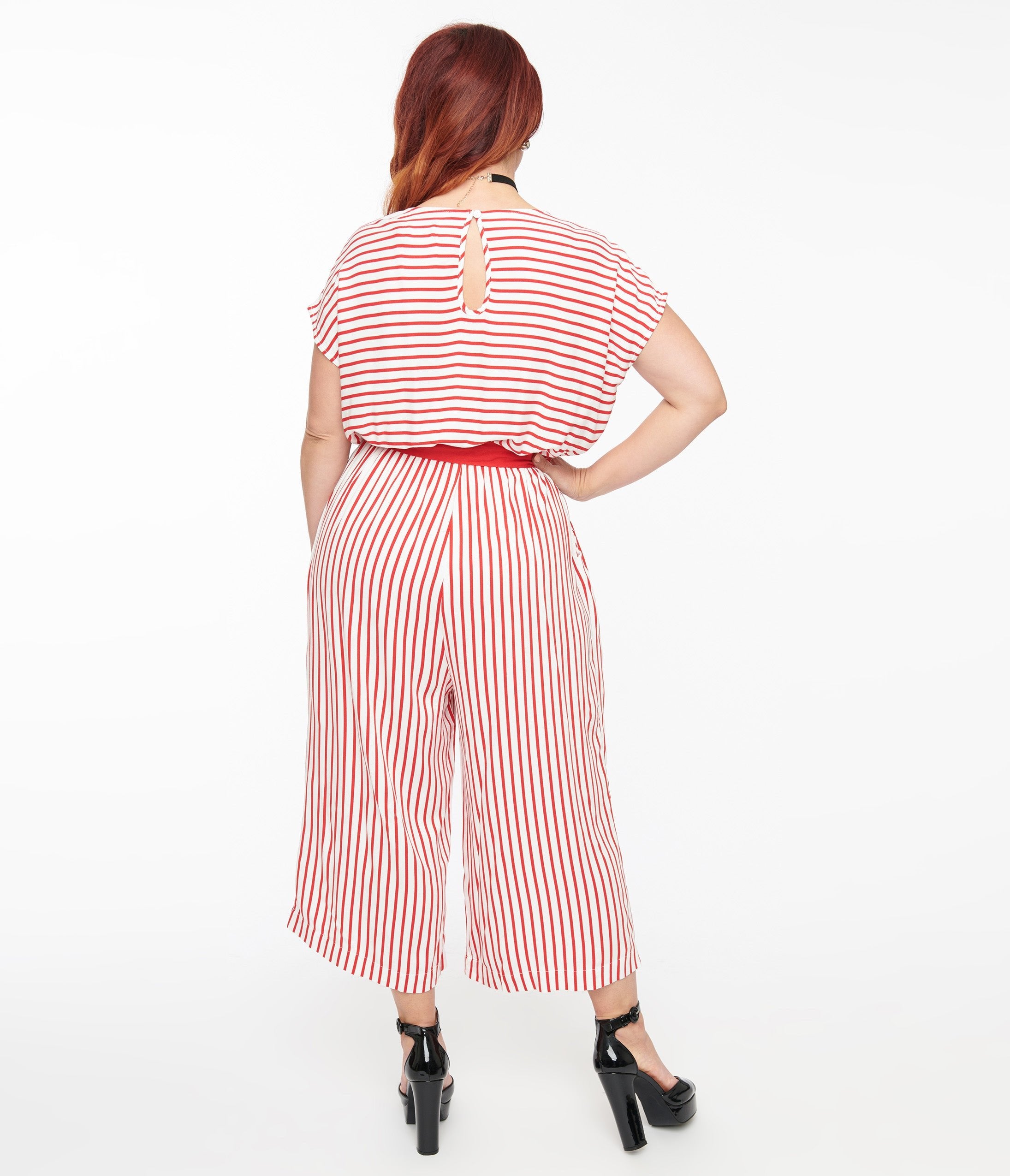 Hell Bunny 1950s White & Red Striped Jumpsuit