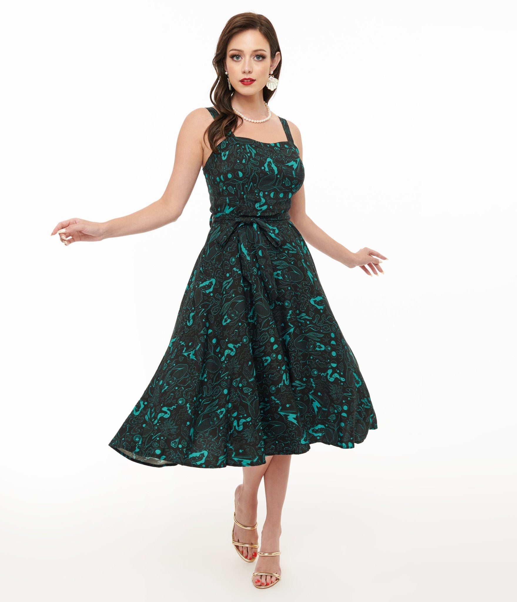 Miss Lulo 1950s Teal Sea Witch Print Lori Swing Dress