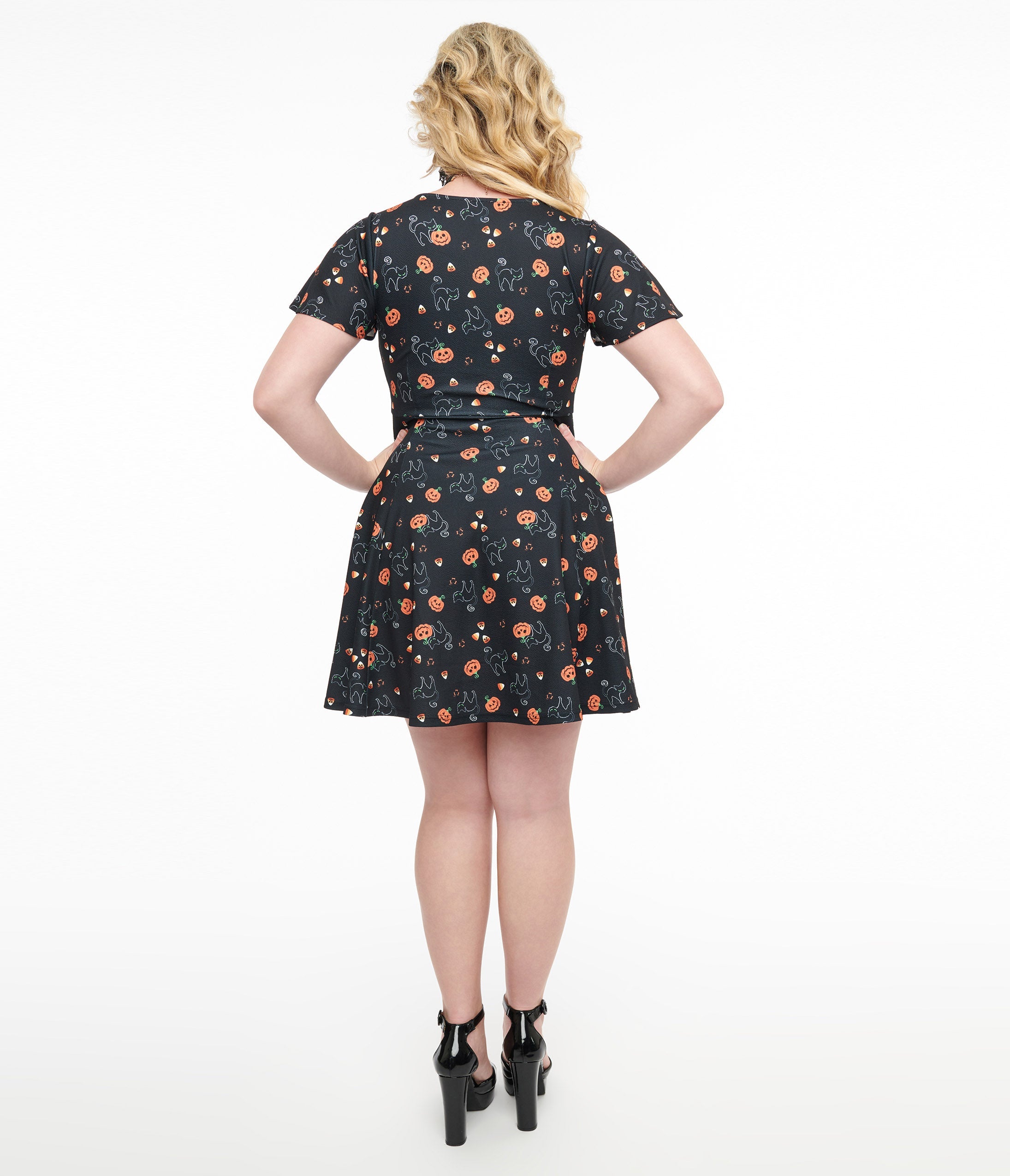 Unique Vintage 1950s Black Spooky Cats & Pumpkins Poppy Flare Dress