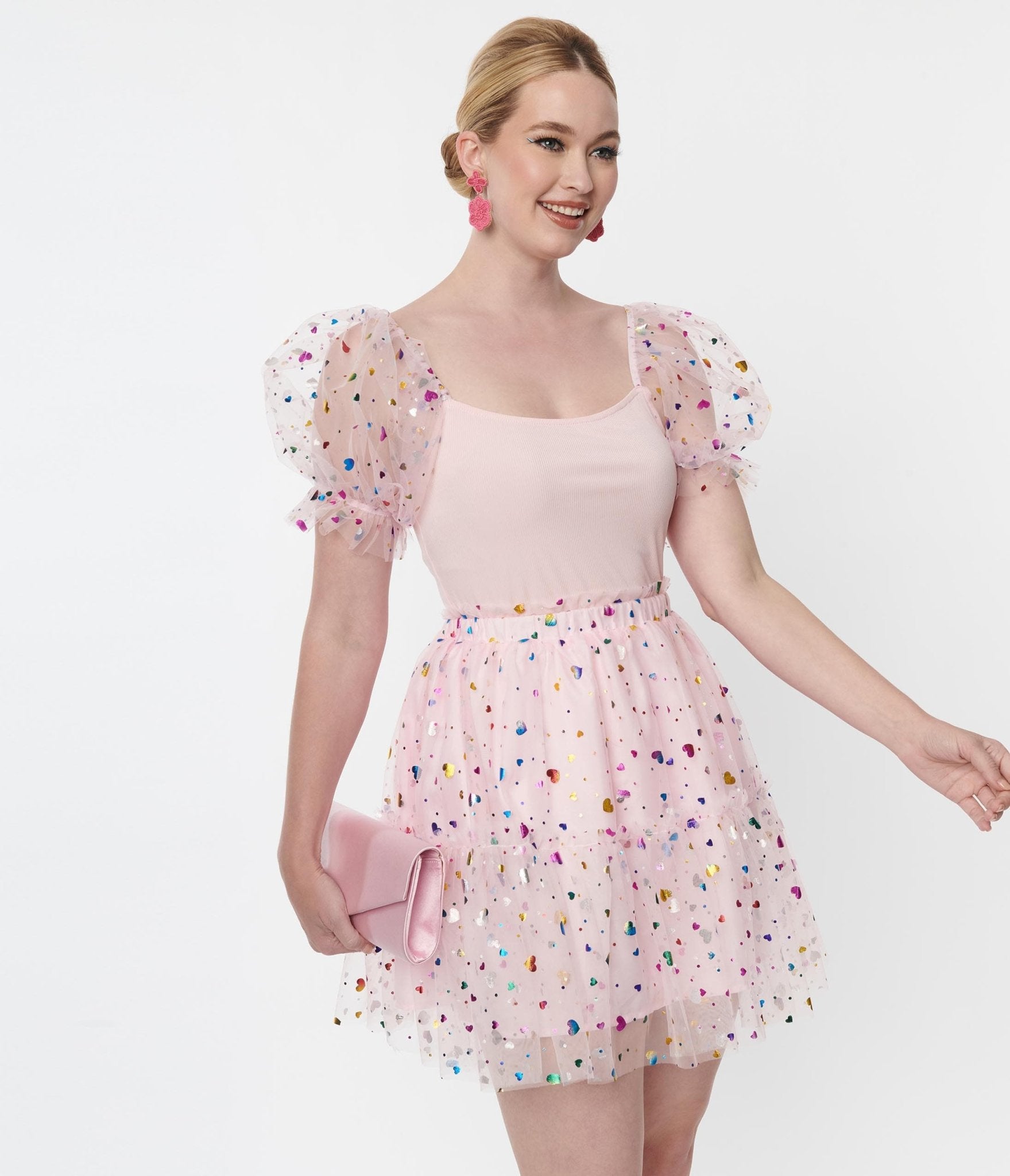 Smak Parlour Pink Confetti Heart Tulle Mini Skirt