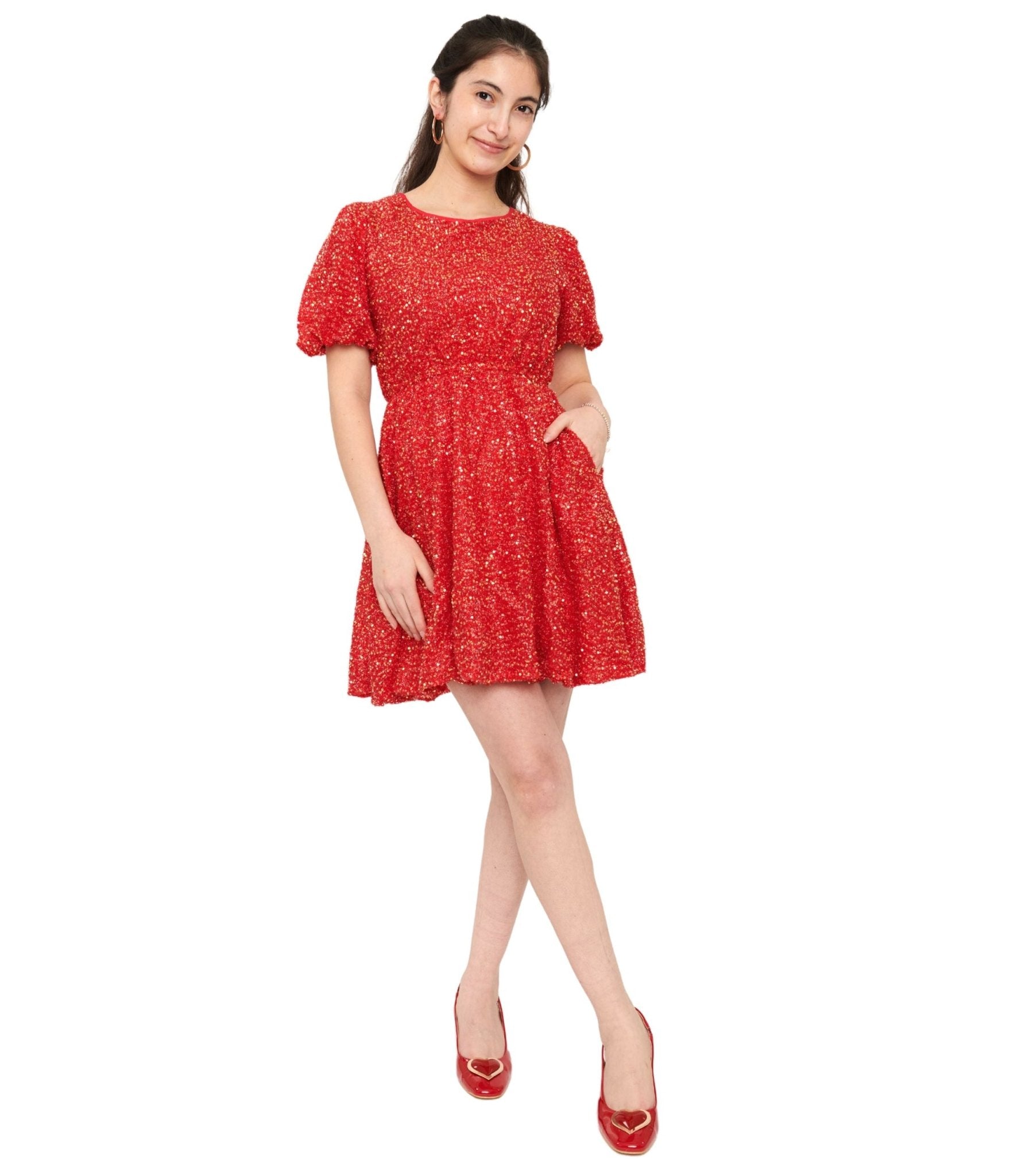 Red Sequin Puff Sleeve Flare Dress