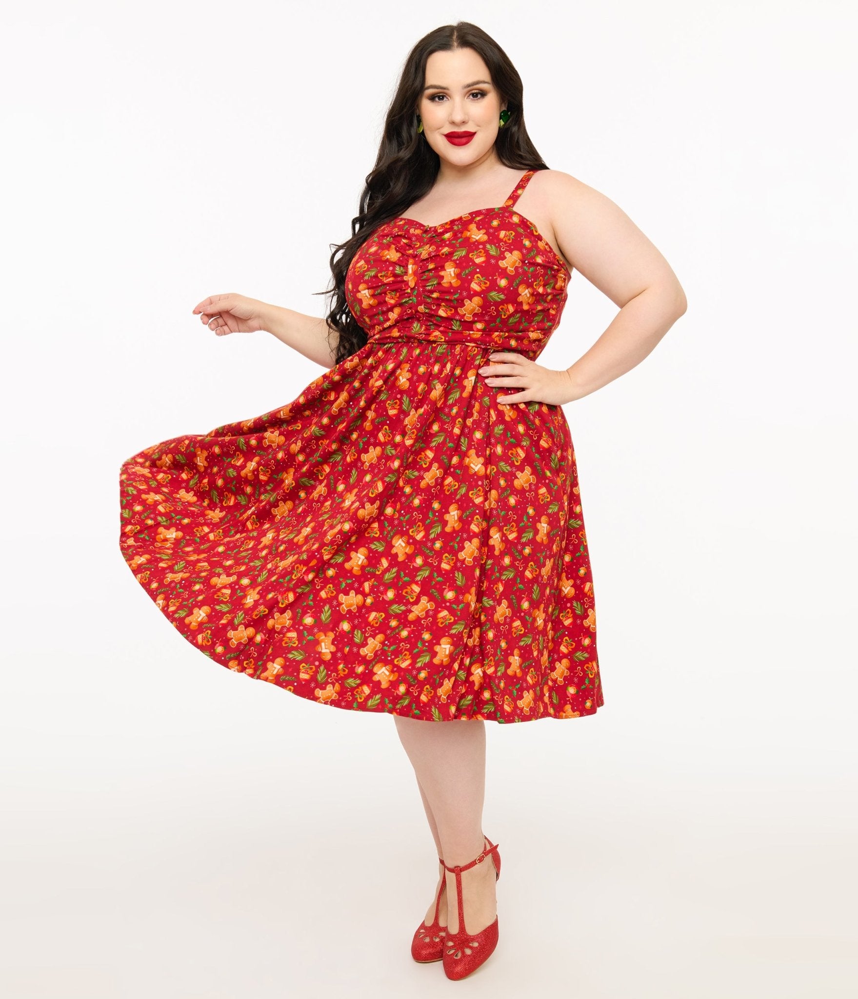 Miss Lulo Plus Size 1950s Red Gingerbread Man Print Eden Fit & Flare Dress