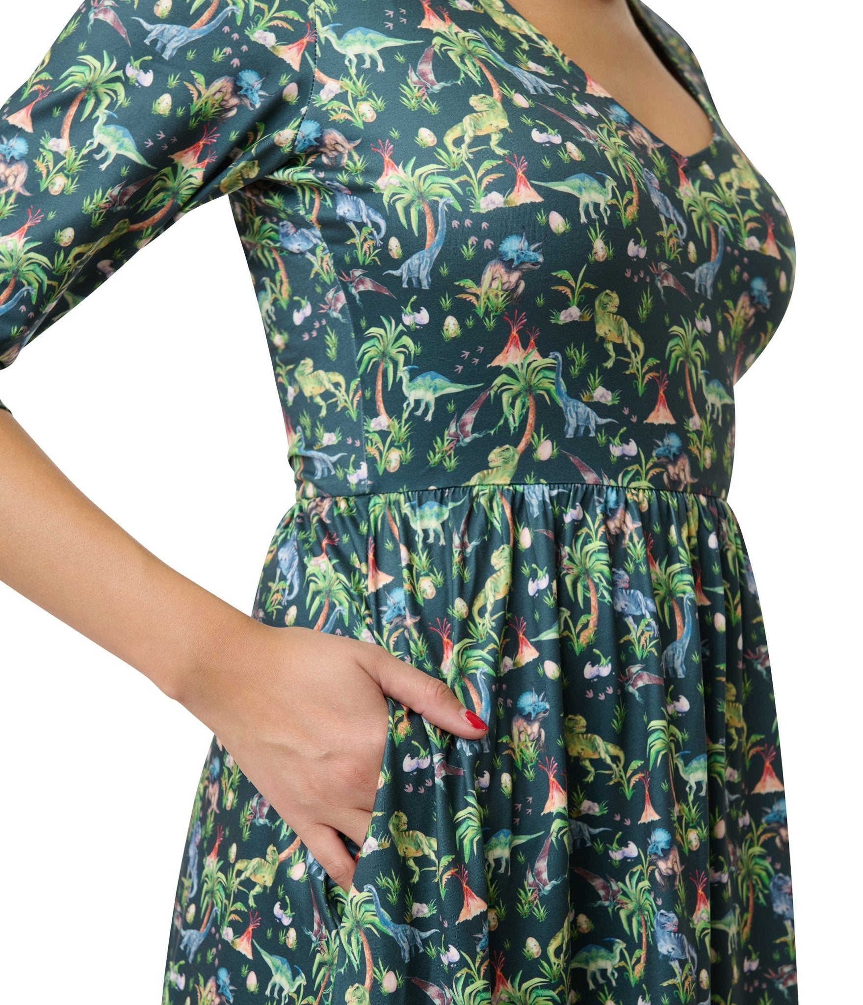 Dolly & Dotty Green Dinosaur Print Billie Swing Dress