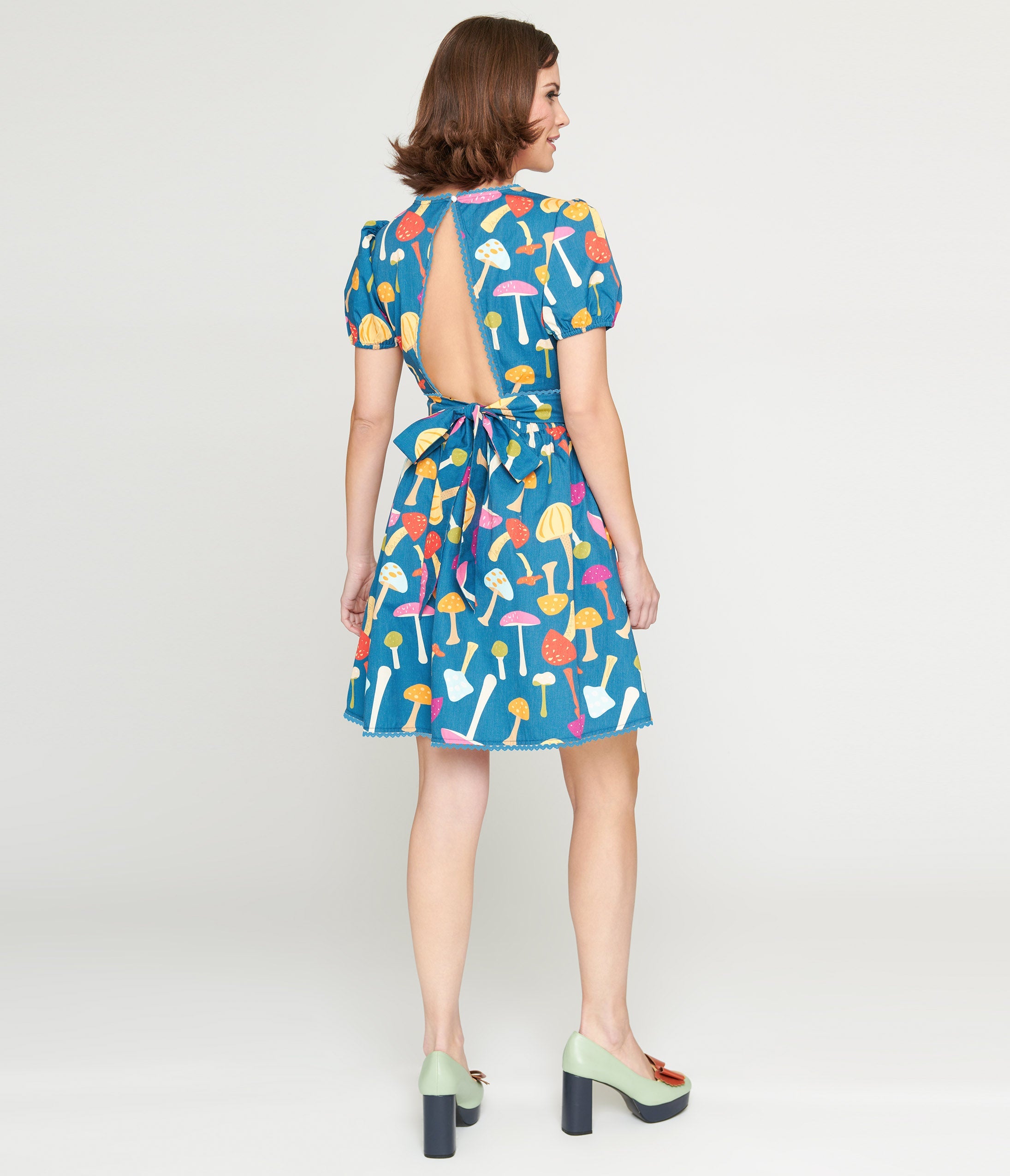 Smak Parlour 1960s Navy & Rainbow Mushroom Open Back Flare Dress