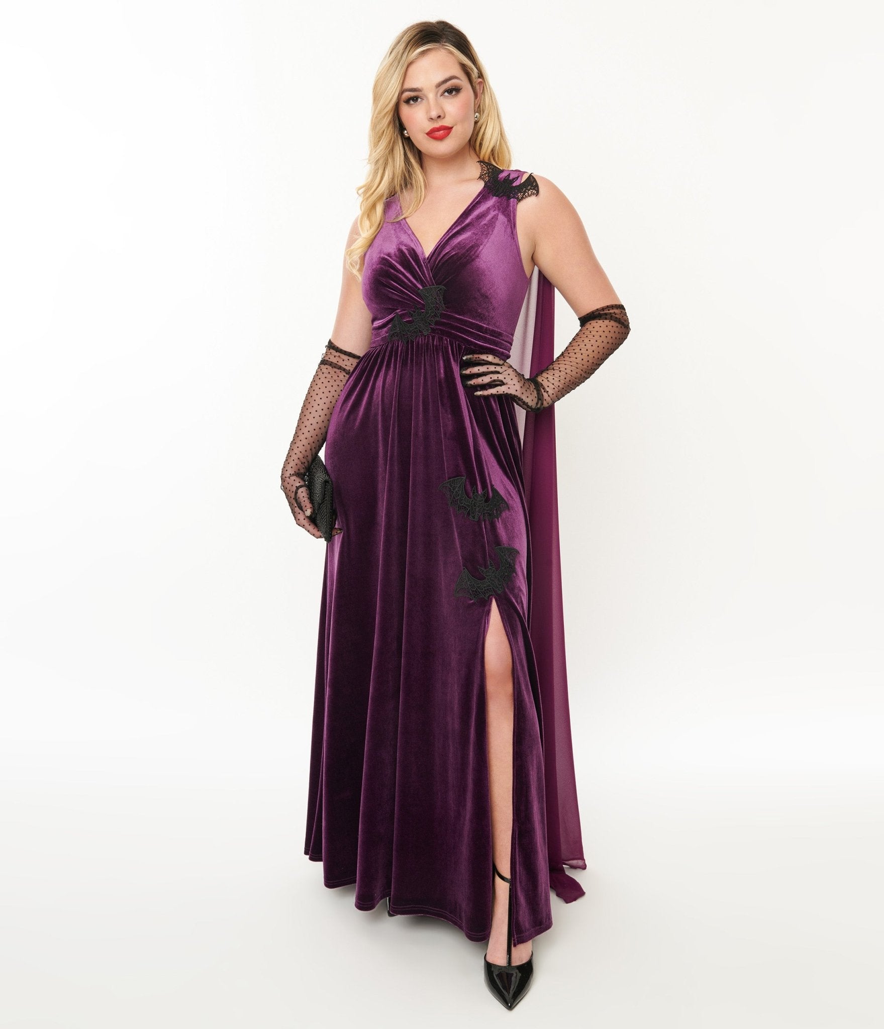 Unique Vintage Eggplant & Black Bat Velvet Cape Gown