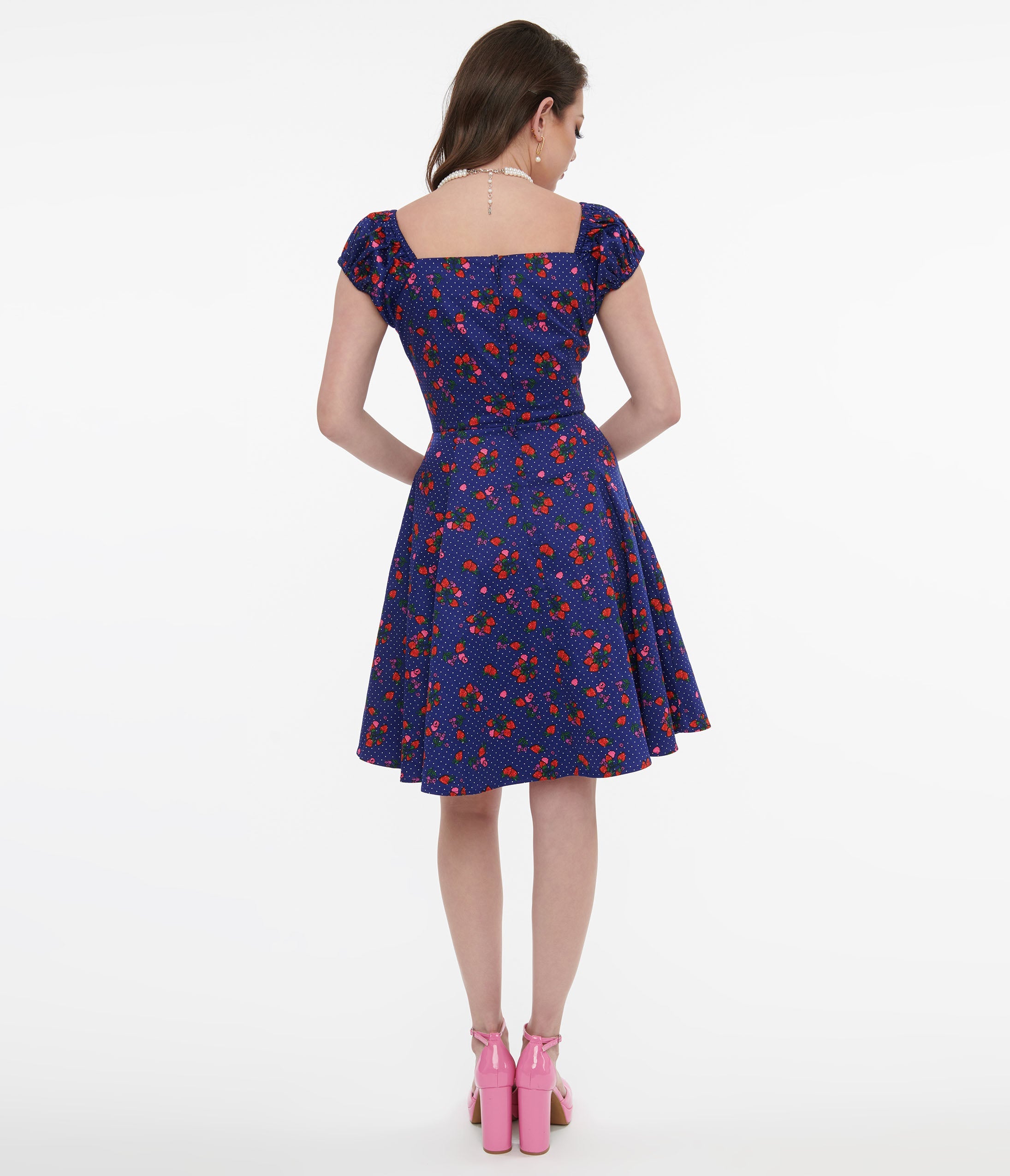 1950s Collectif Blue & Mixed Berries Print Dolores Mini Dress