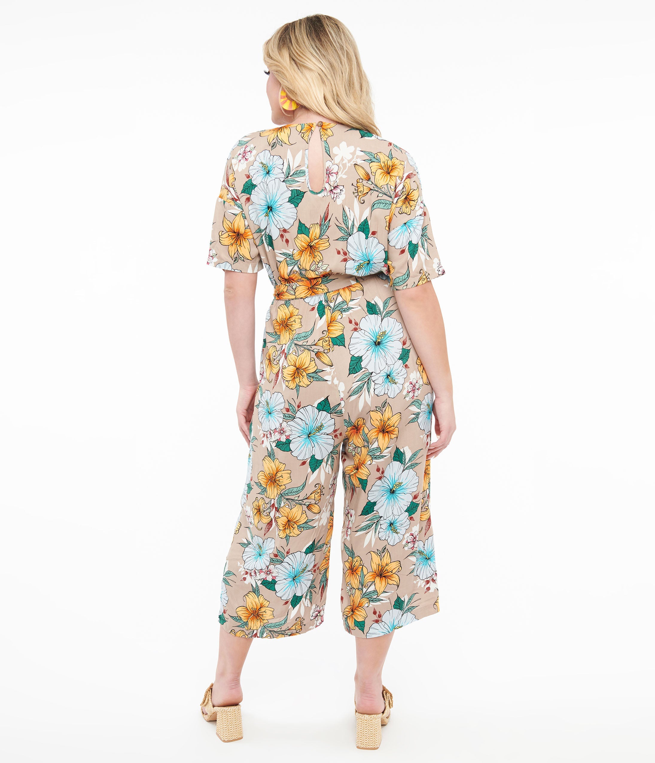 Hell Bunny 1970s Tan & Tropical Floral Print Jumpsuit