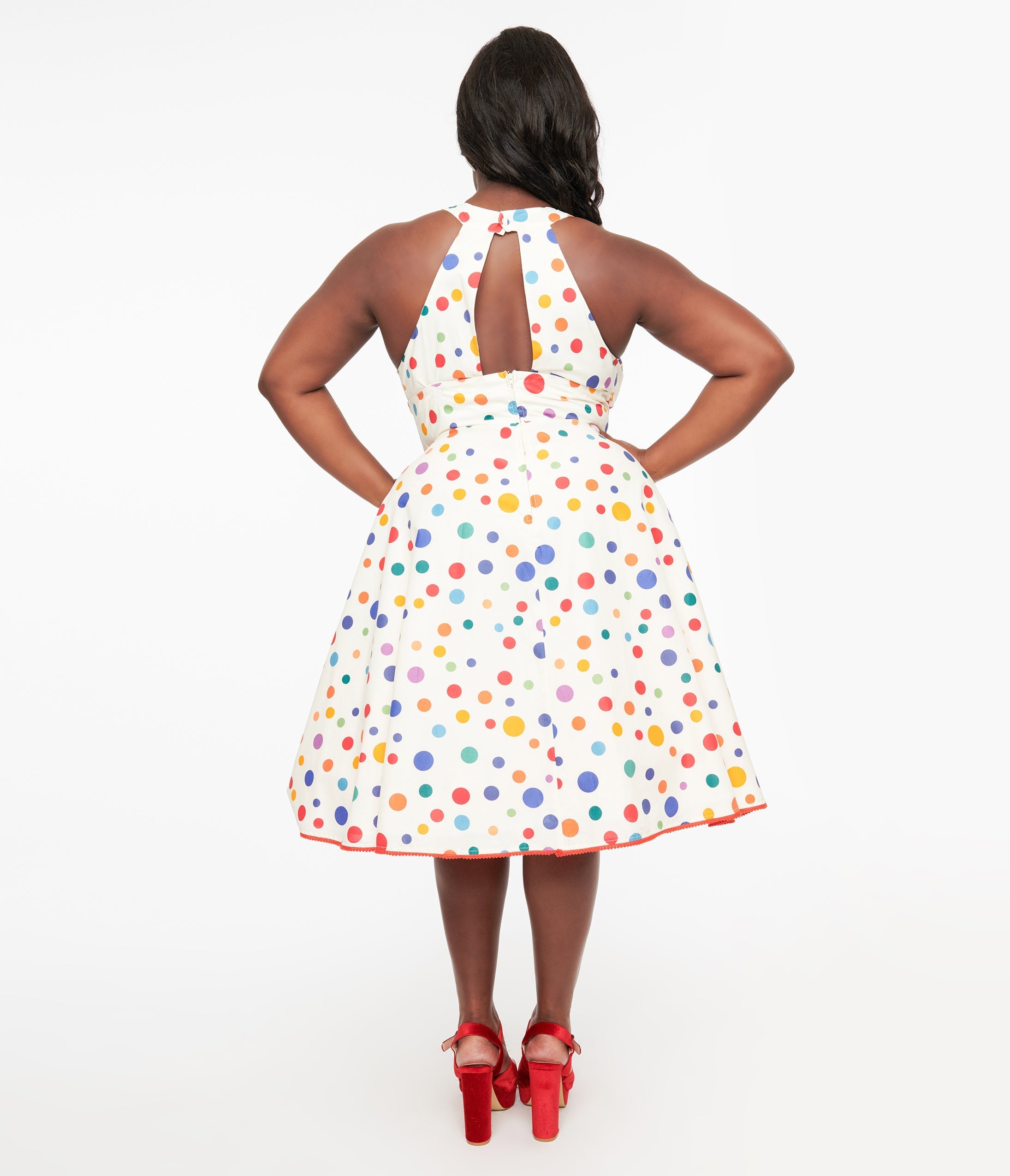 Unique Vintage Plus Size 1950s Rainbow Polka Dot Cotton Halter Swing Dress