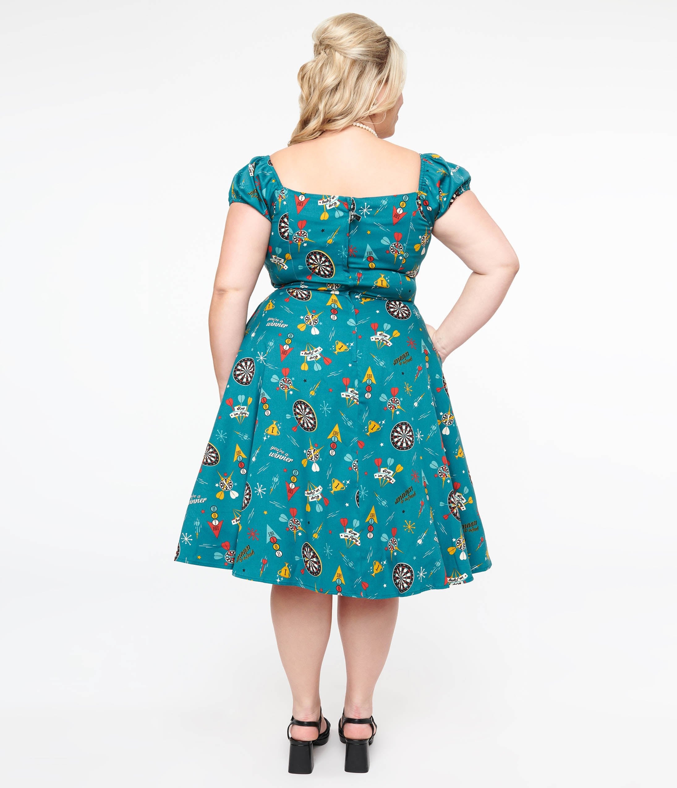 Plus Size 1950s Teal Dart Board Keep Em Flying Cotton Swing Dress