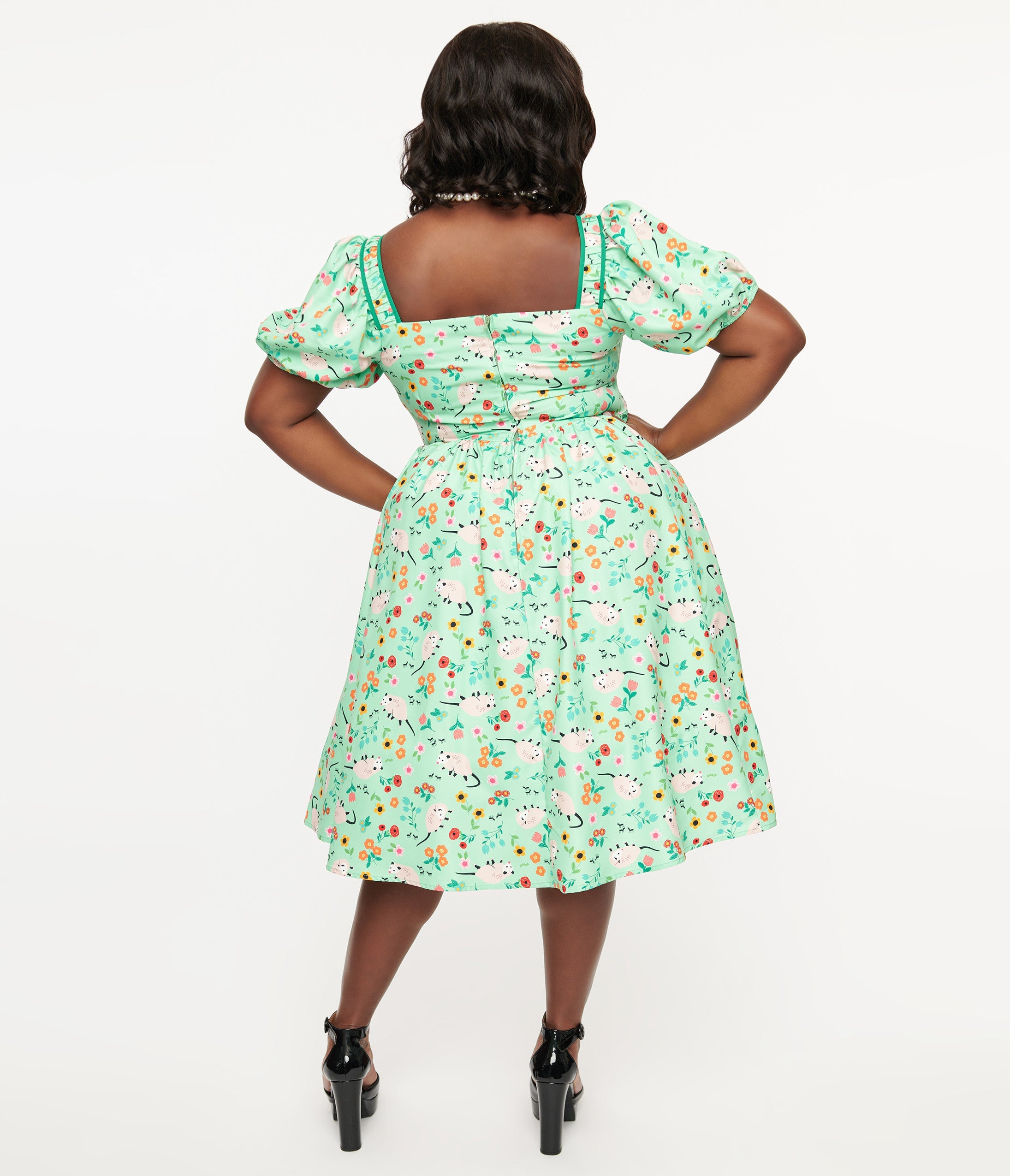 Unique Vintage Plus Size 1940s Green Possum Print Button Front Dress