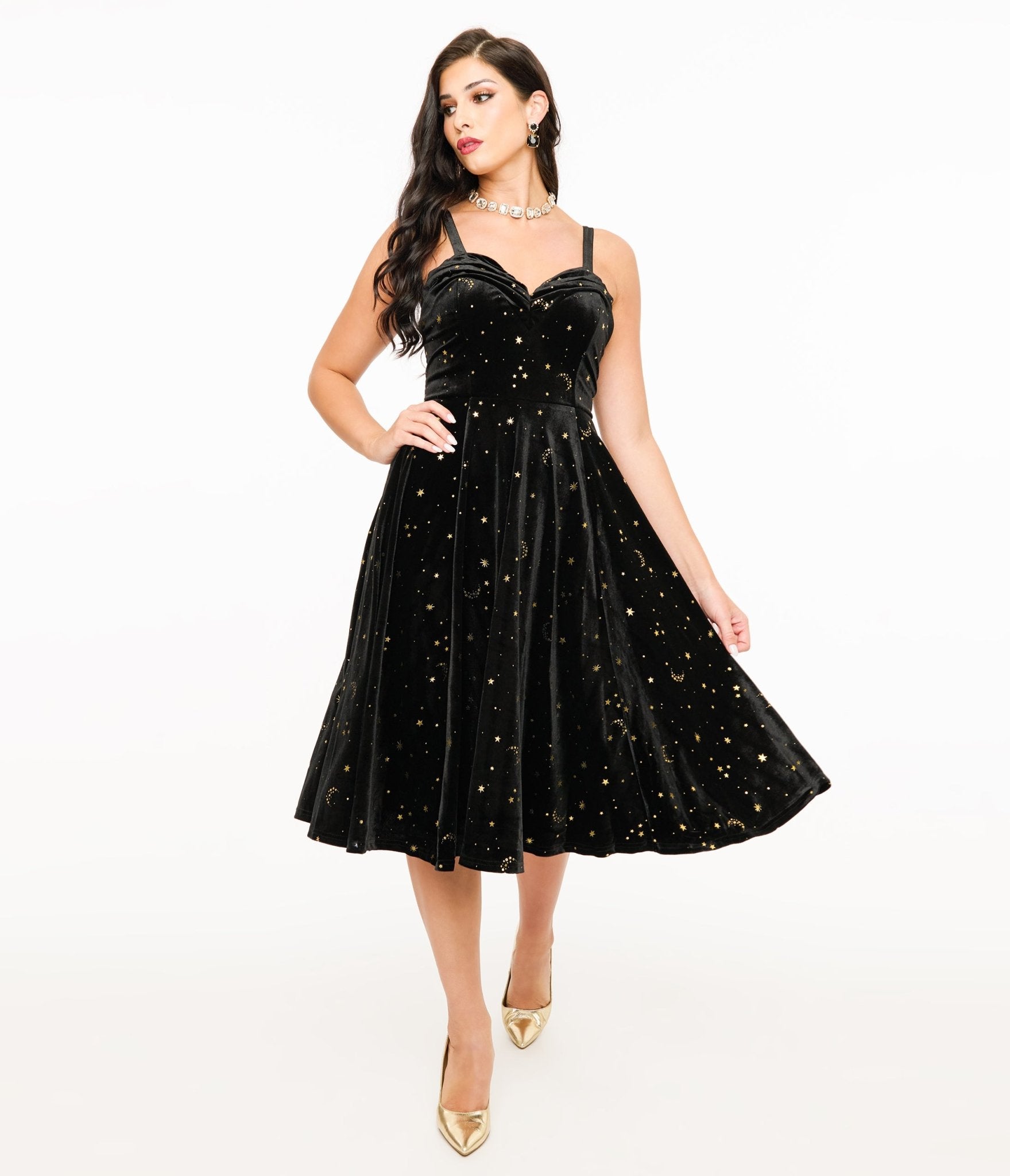 Elle Rebel Black Velvet & Gold Lunar Luxe Swing Dress