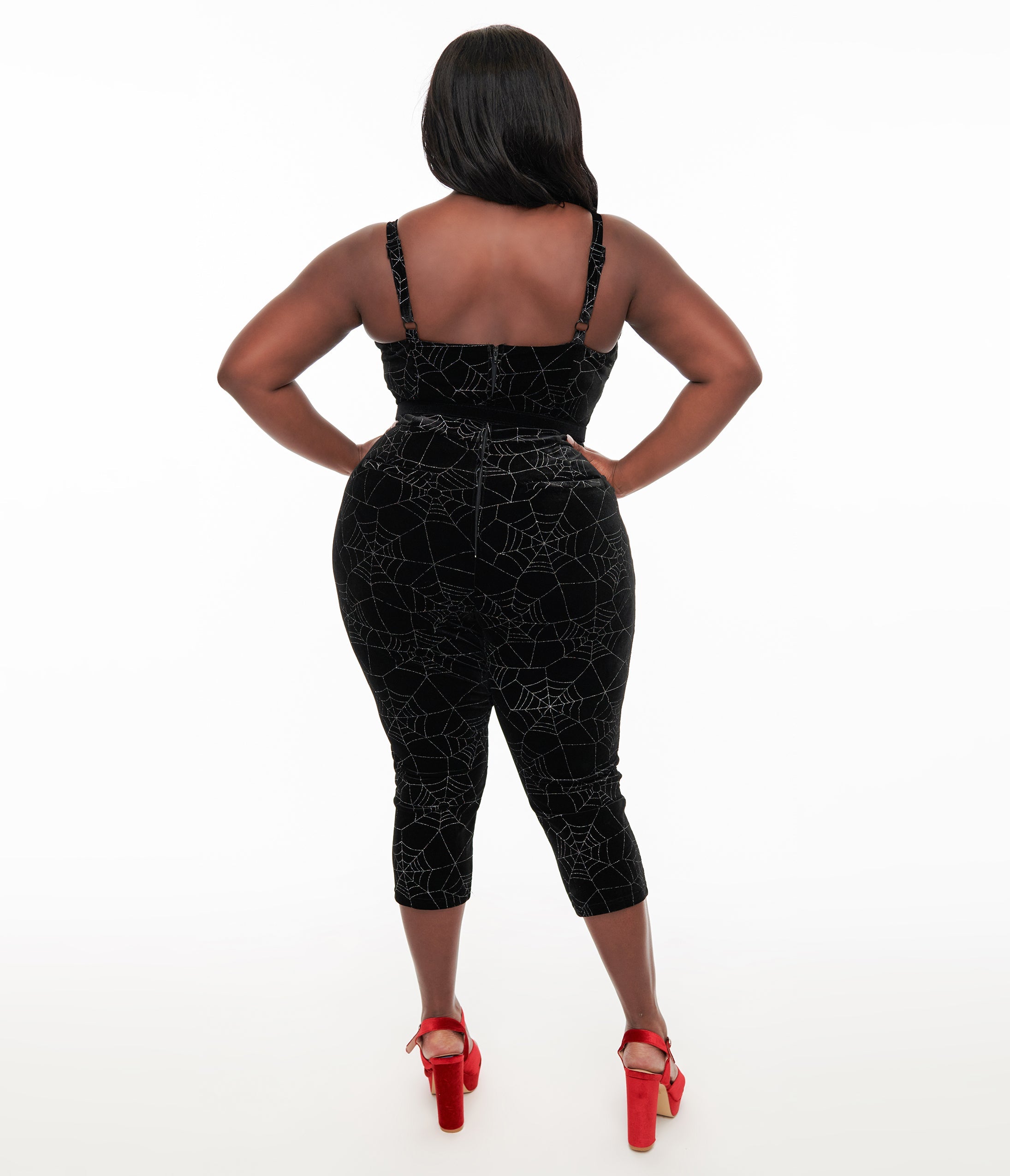 Unique Vintage Plus Size 1950s Black Velvet & Silver Web Cropped Jumpsuit