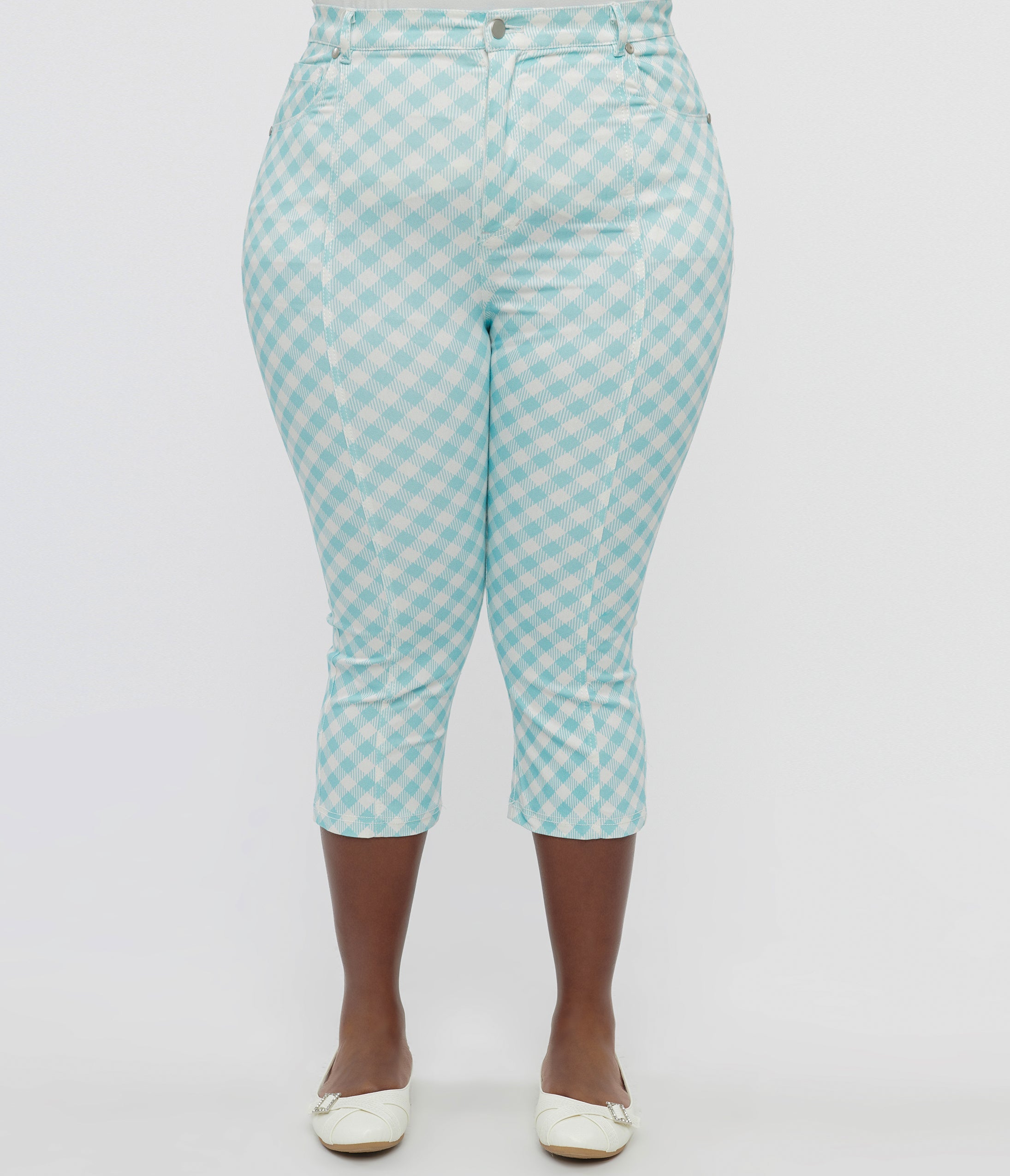 Smak Parlour Plus Size Light Blue & White Gingham Capri Pants