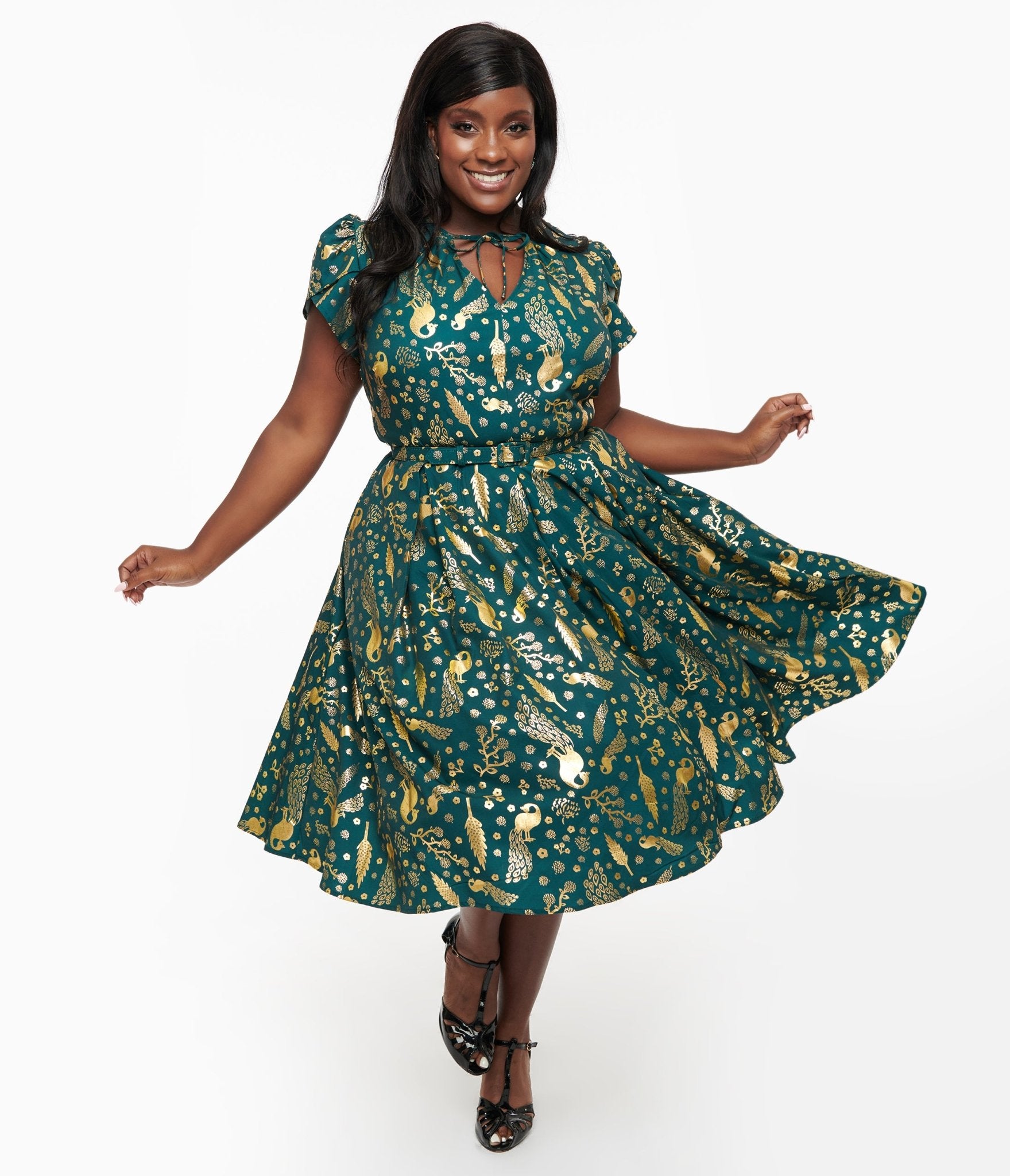 Unique Vintage Plus Size 1940s Green & Gold Peacock Print Dahlia Swing Dress