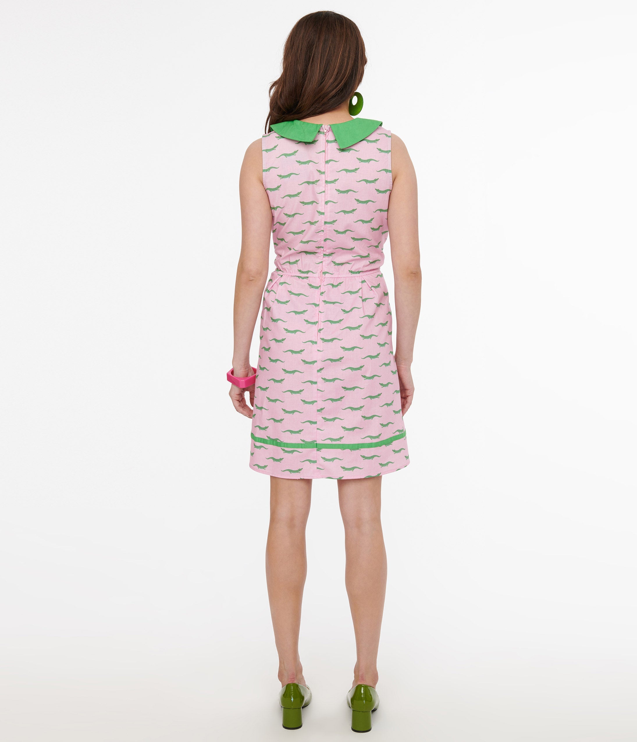 Retrolicious 1960s Pink & Green Alligator Fit & Flare Collared Dress