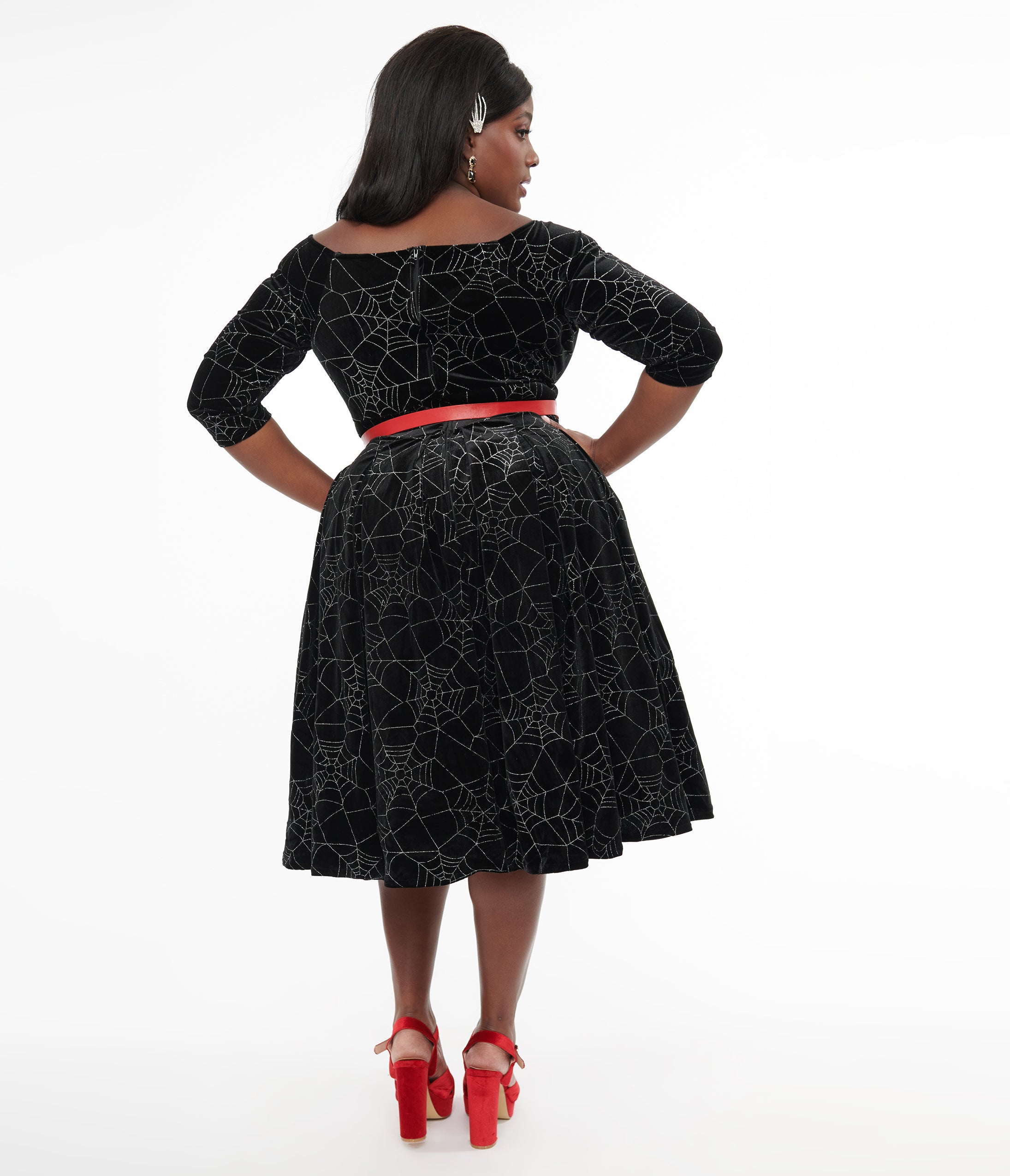 Unique Vintage Plus Size 1950s Black Velvet & Silver Spiderweb Marceline Swing Dress