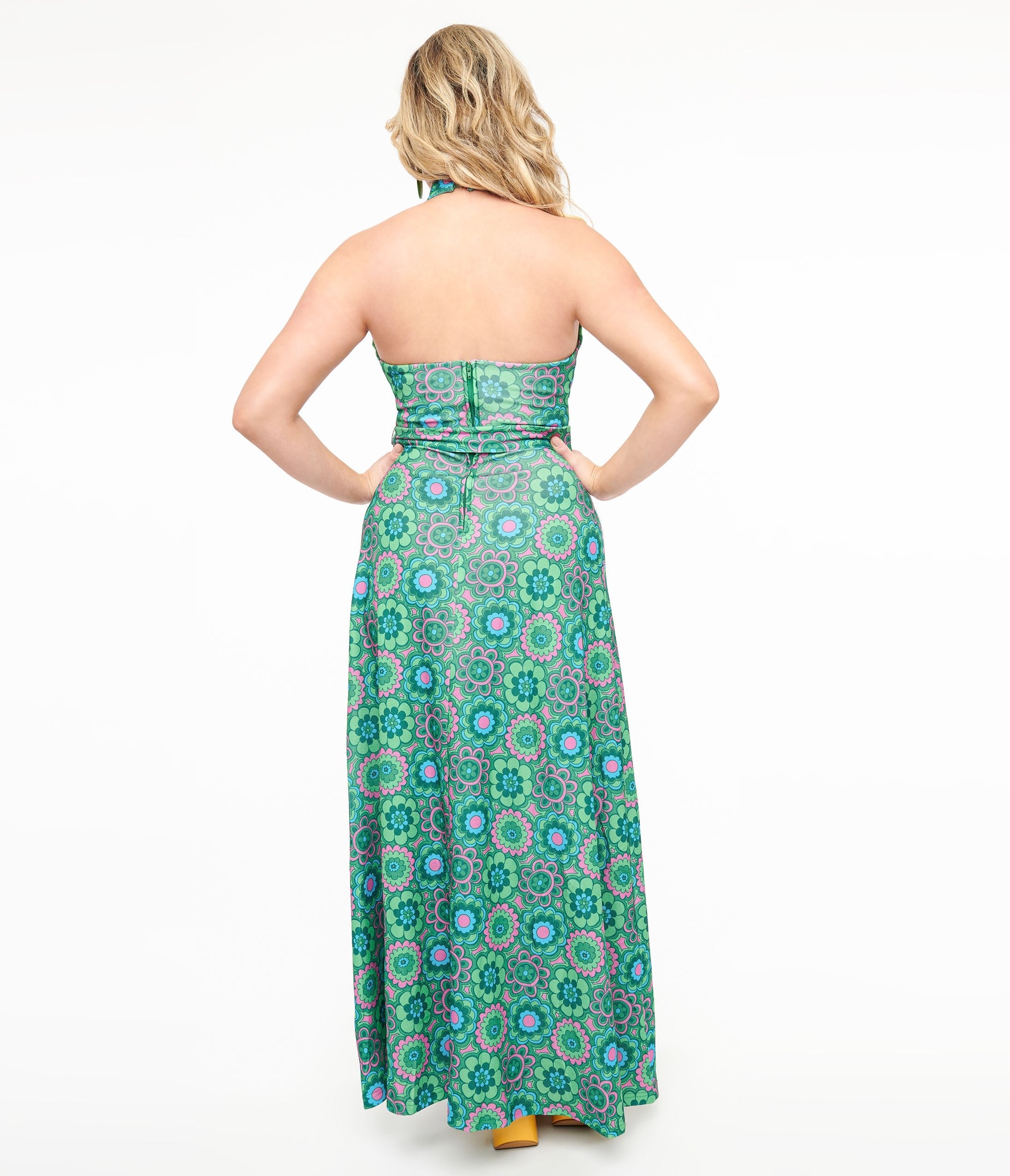 Smak Parlour 1960s Emerald Floral Halter Maxi Dress