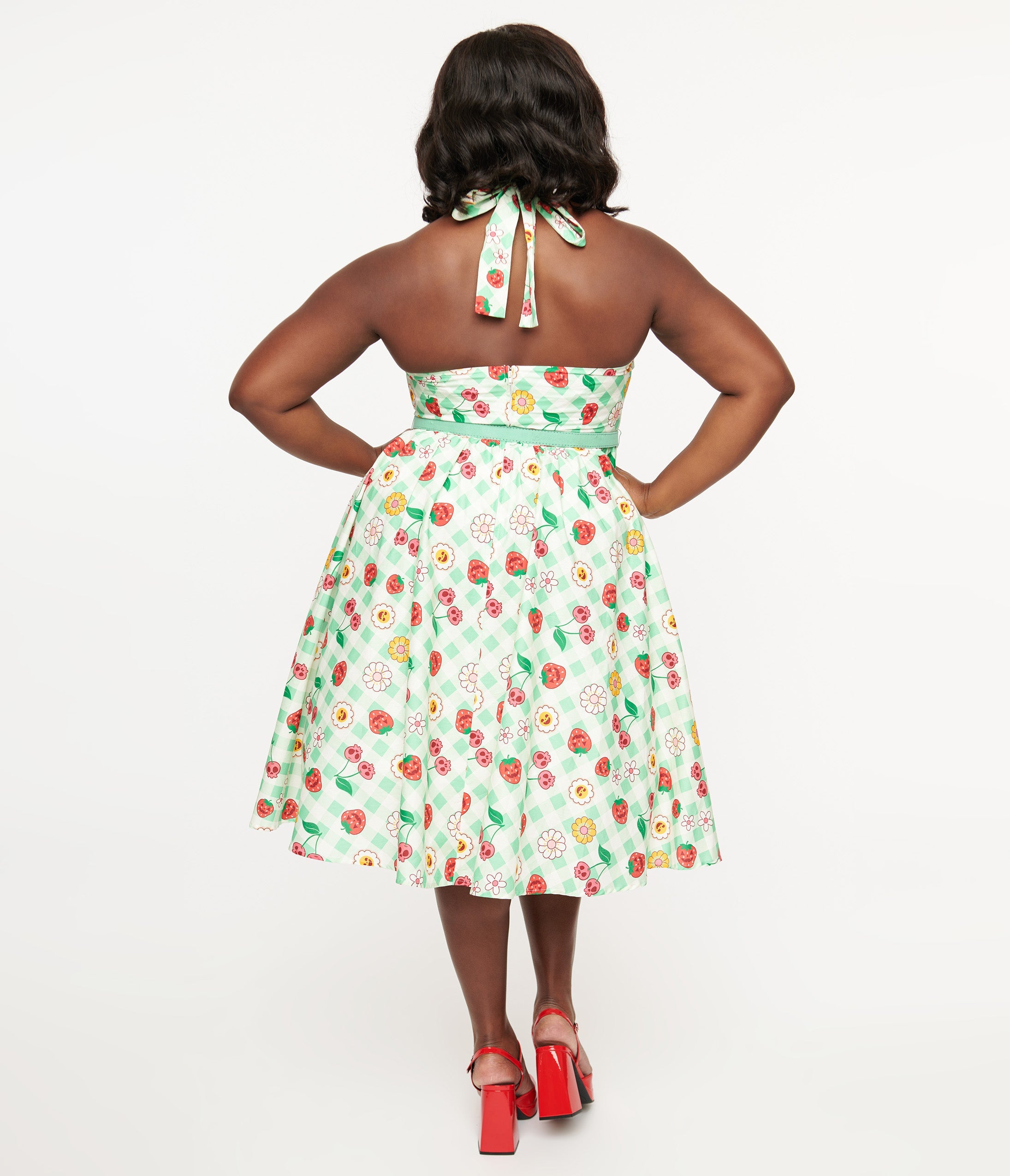 Unique Vintage Plus Size 1950s Green Gingham Spooky Fruit Print Halter Swing Dress