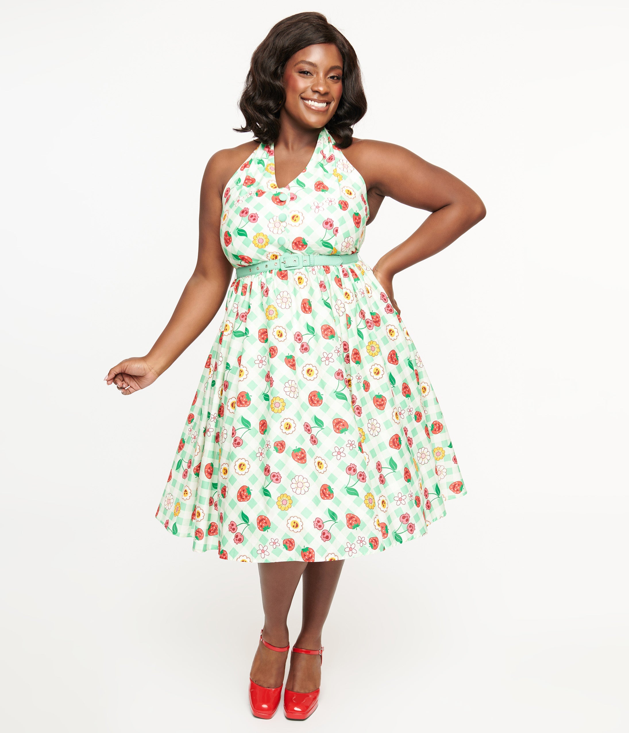 Unique Vintage Plus Size 1950s Green Gingham Spooky Fruit Print Halter Swing Dress