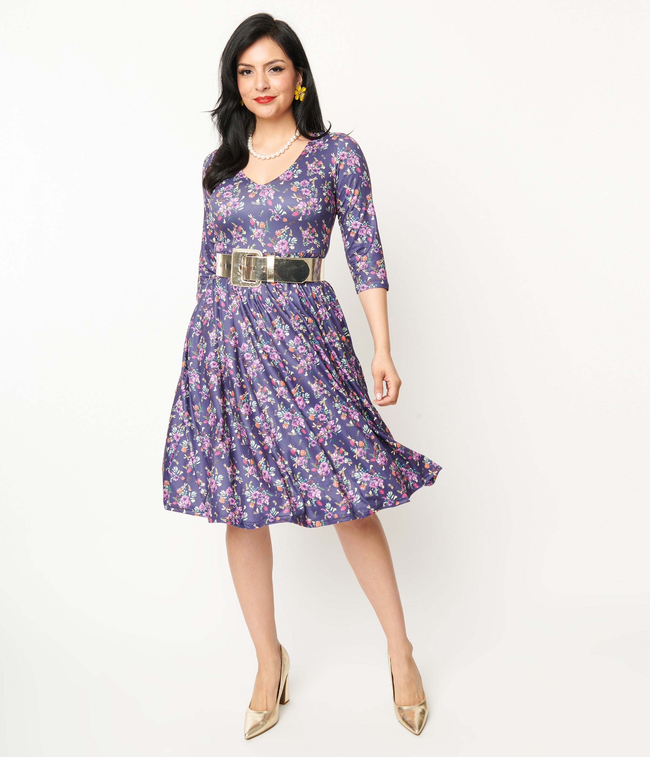 Dolly & Dotty Purple Dragonfly Floral Print Billie Fit & Flare Dress