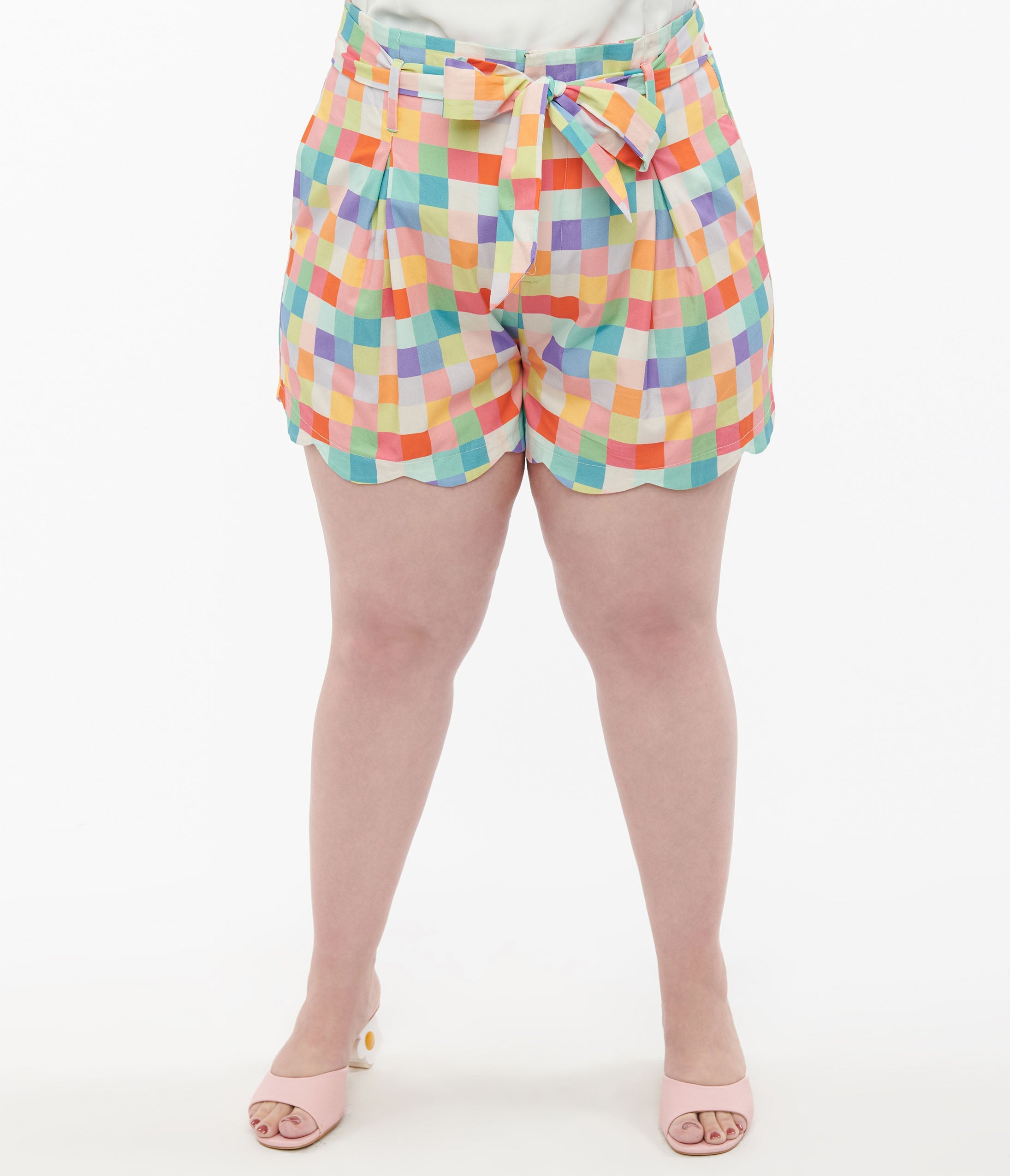 Unique Vintage Plus Size 1940s Rainbow Pastel Check Cotton High Waist Shorts