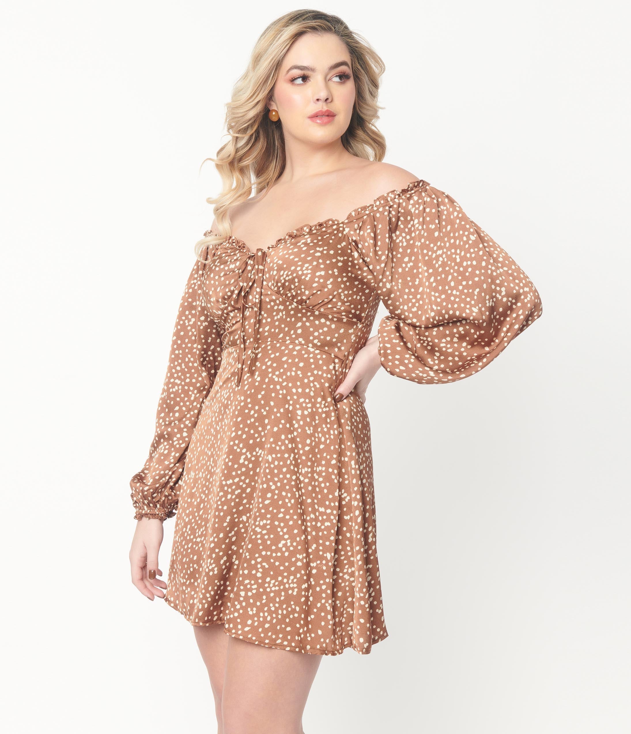 Brown & Cream Abstract Spots Fit & Flare Dress