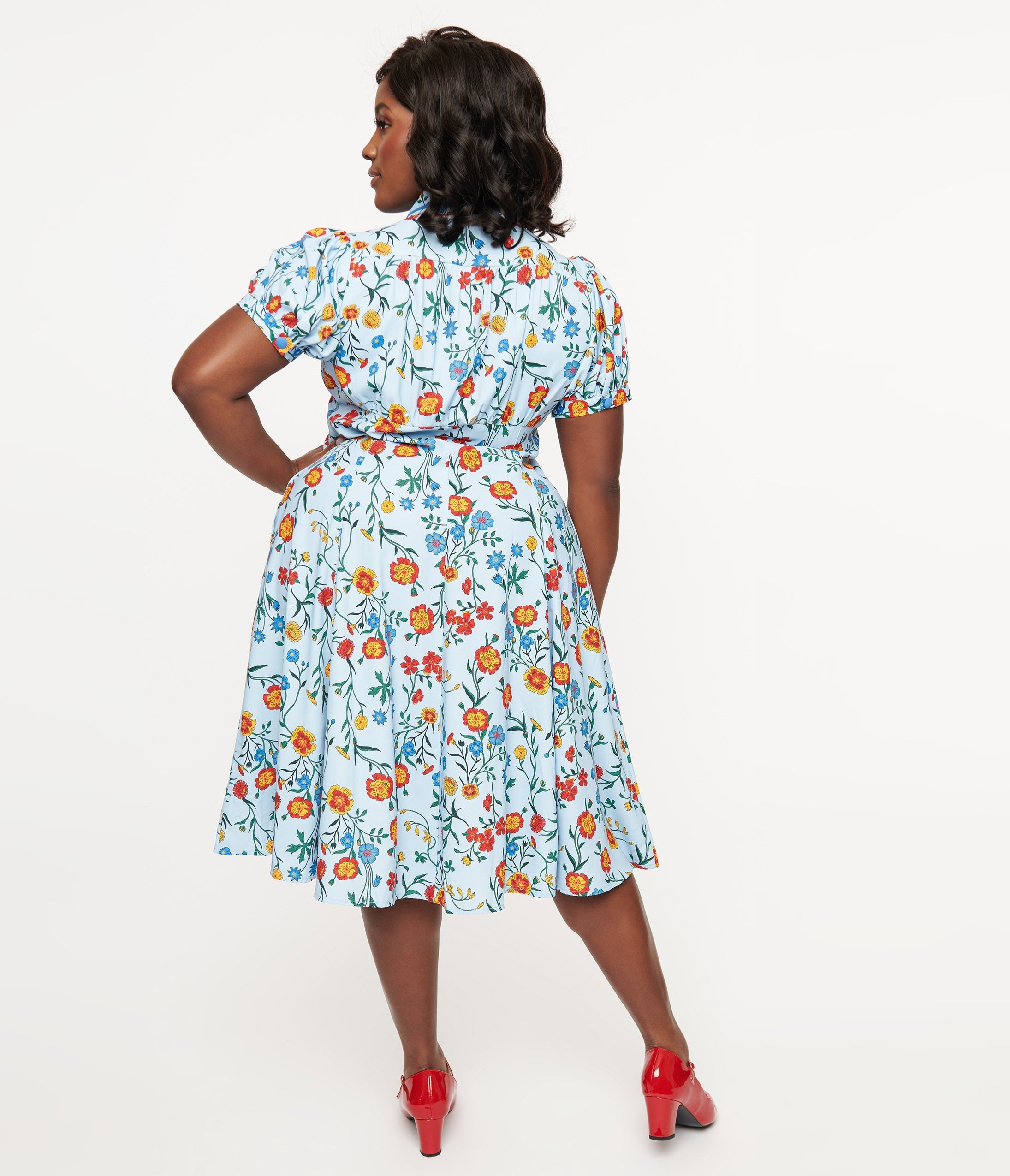 Unique Vintage Plus Size 1950s Blue Floral Fit & Flare Dress