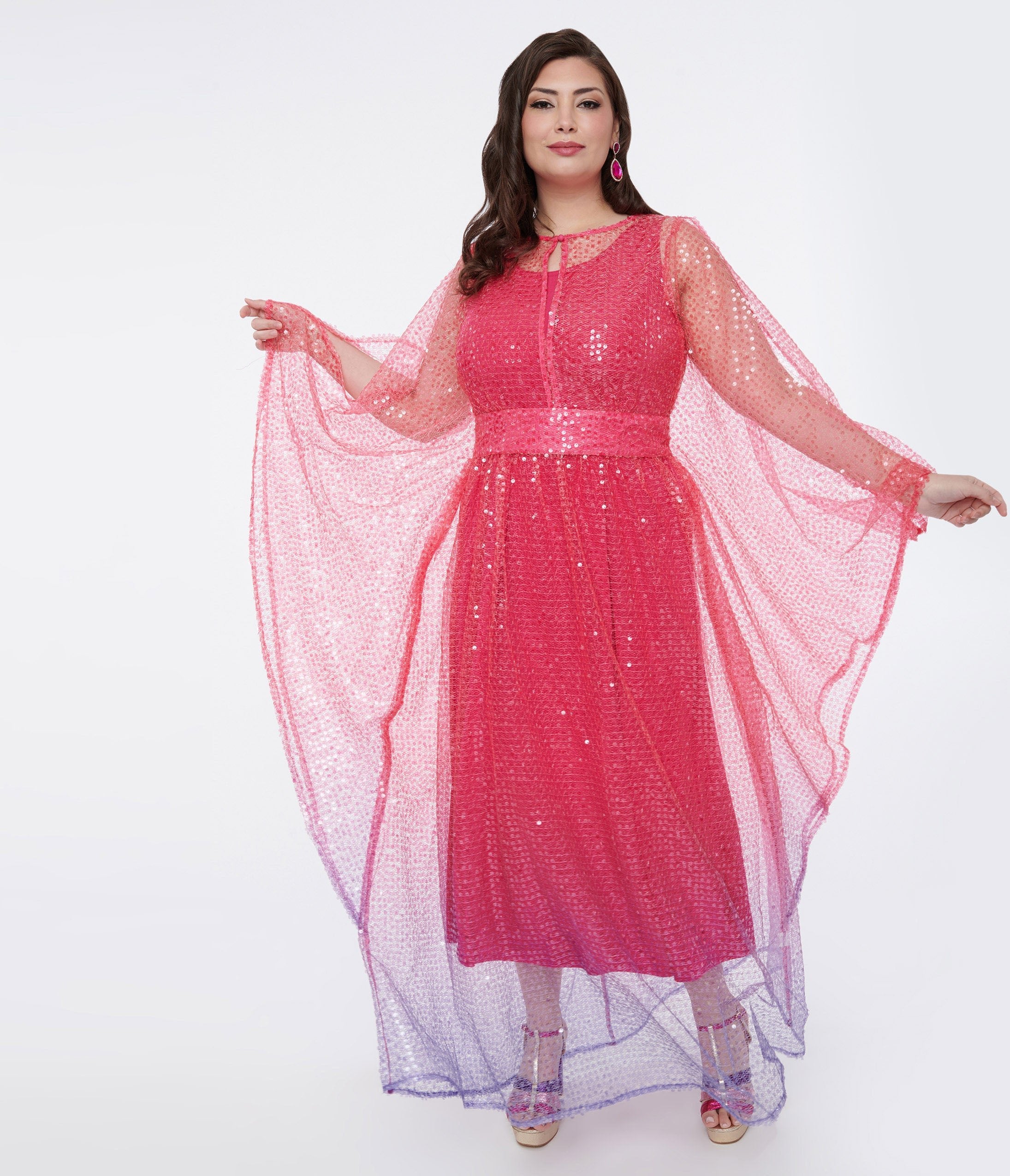 Unique Vintage Plus Size 1970s Sheer Pink & Purple Ombre Sequin Flutter Sleeve Caftan