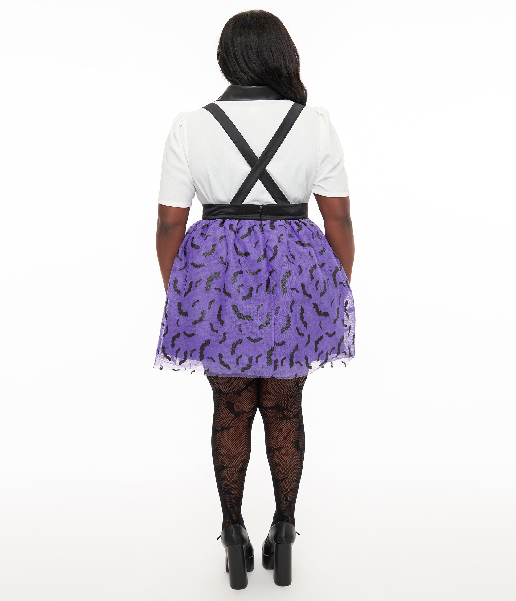 Unique Vintage Plus Size Purple & Black Glitter Bat Print Tulle Suspender Mini Skirt