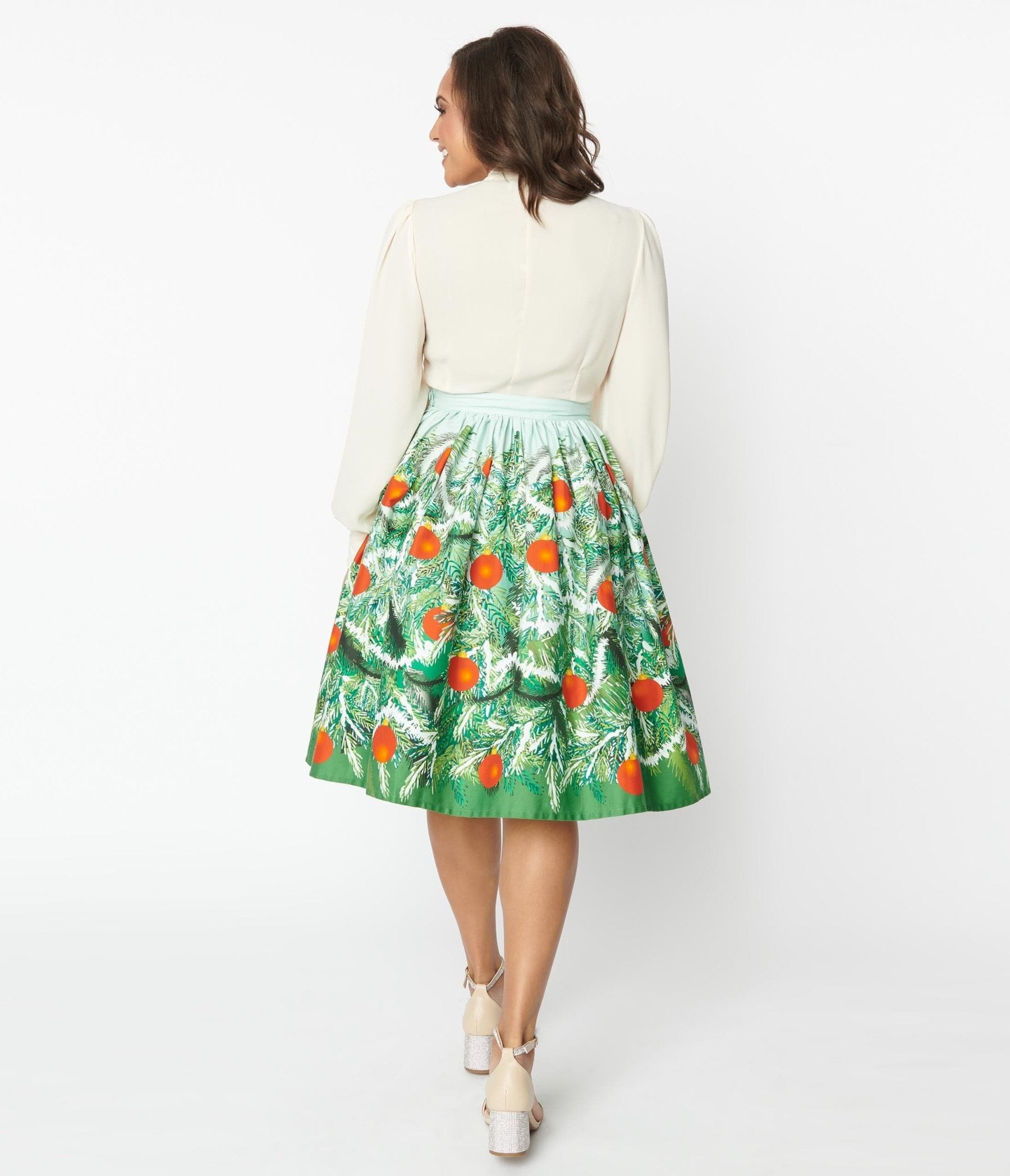 Unique Vintage Green Evergreen & Red Ornaments Swing Skirt