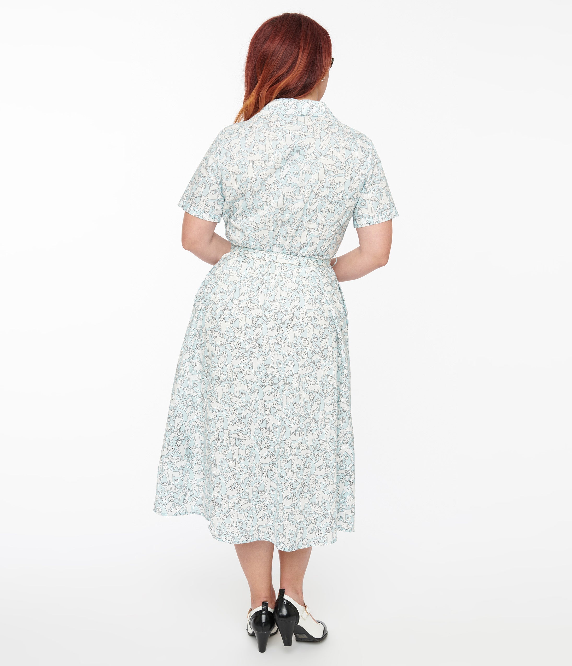 1940s Light Blue & White Cat Print Cotton Midi Dress