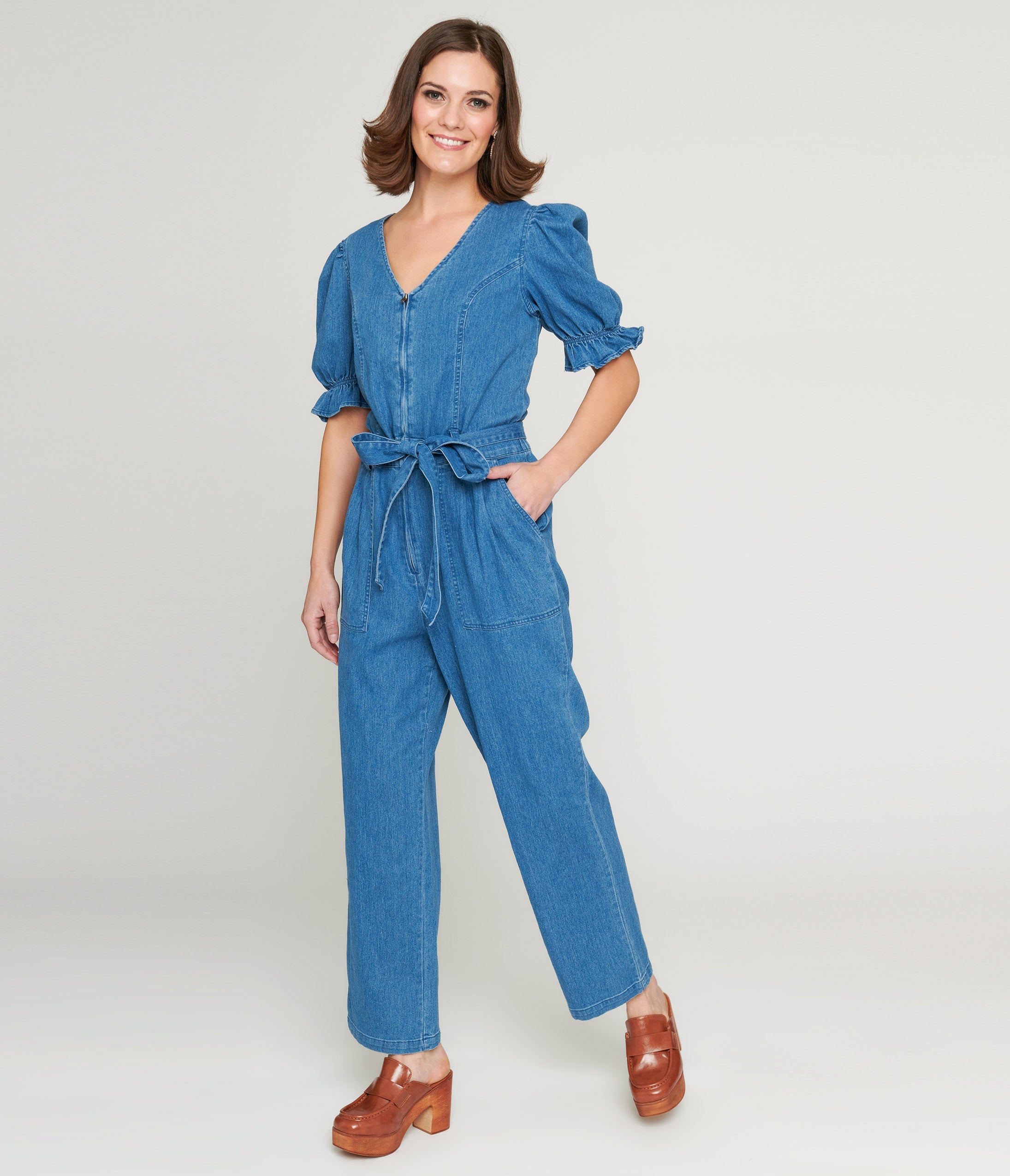 1970s Denim Puff Sleeve Jumpsuit