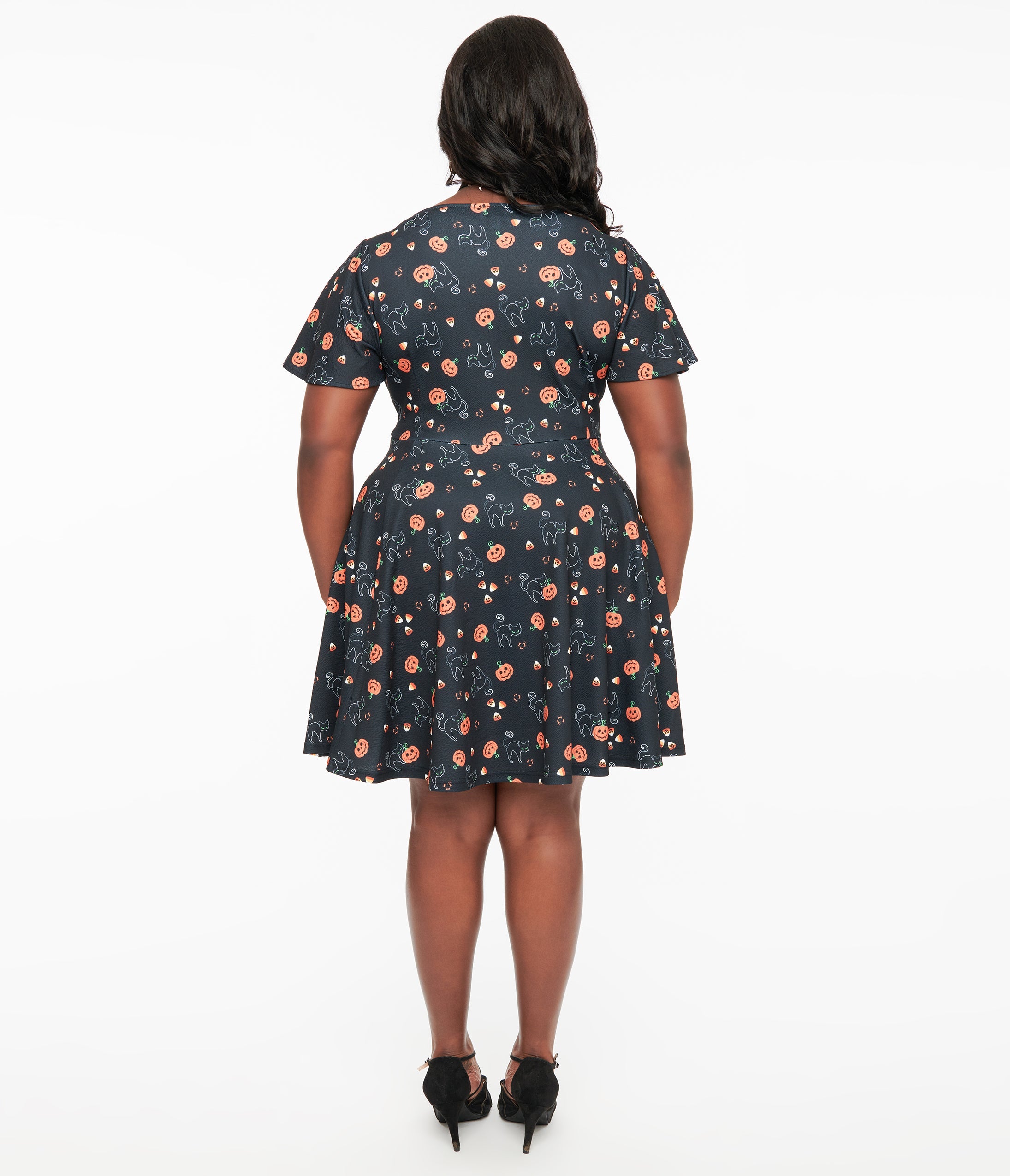 Unique Vintage Plus Size 1950s Black Spooky Cats & Pumpkins Poppy Flare Dress