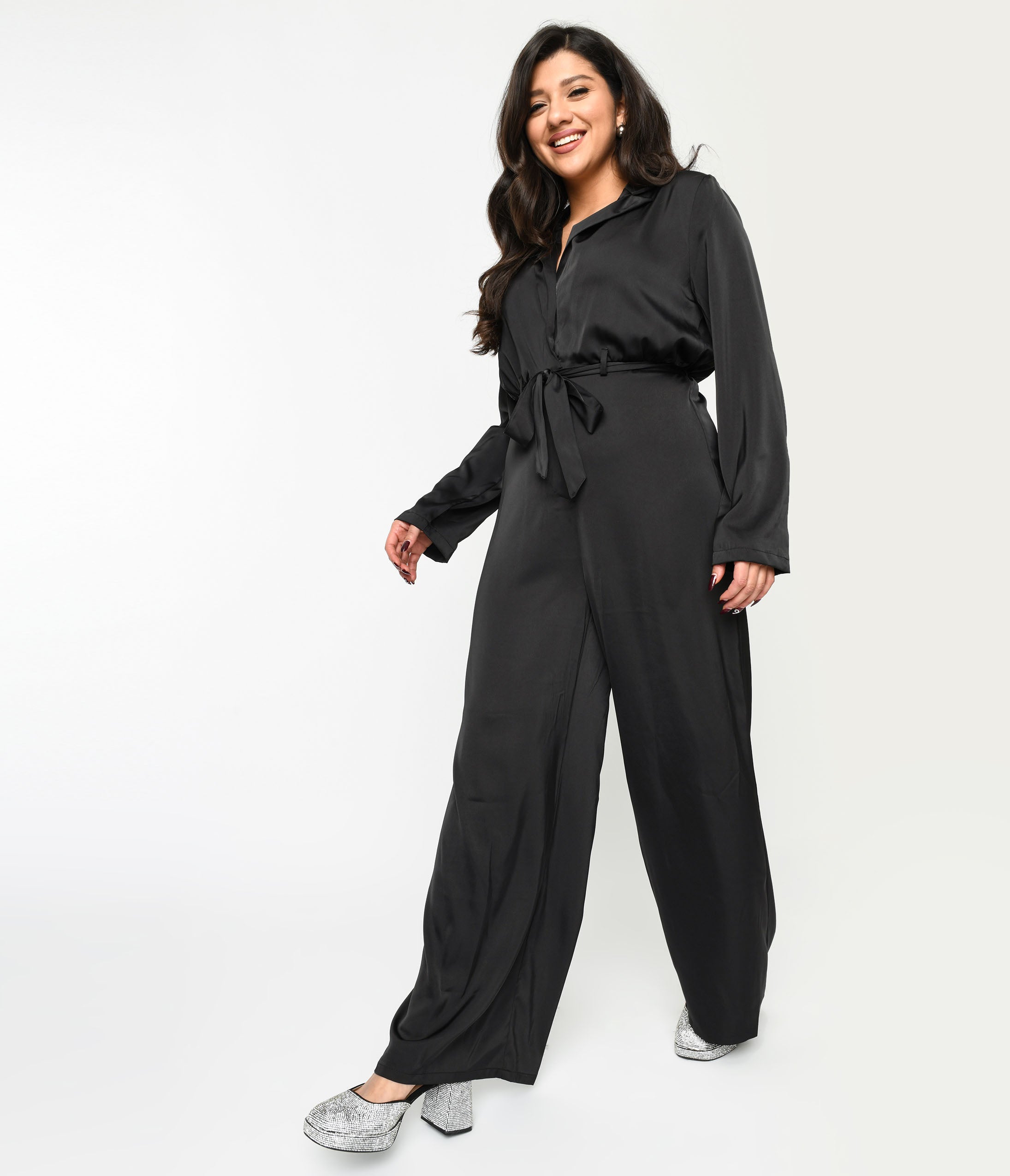 Black Satin Tie Waist Jumpsuit