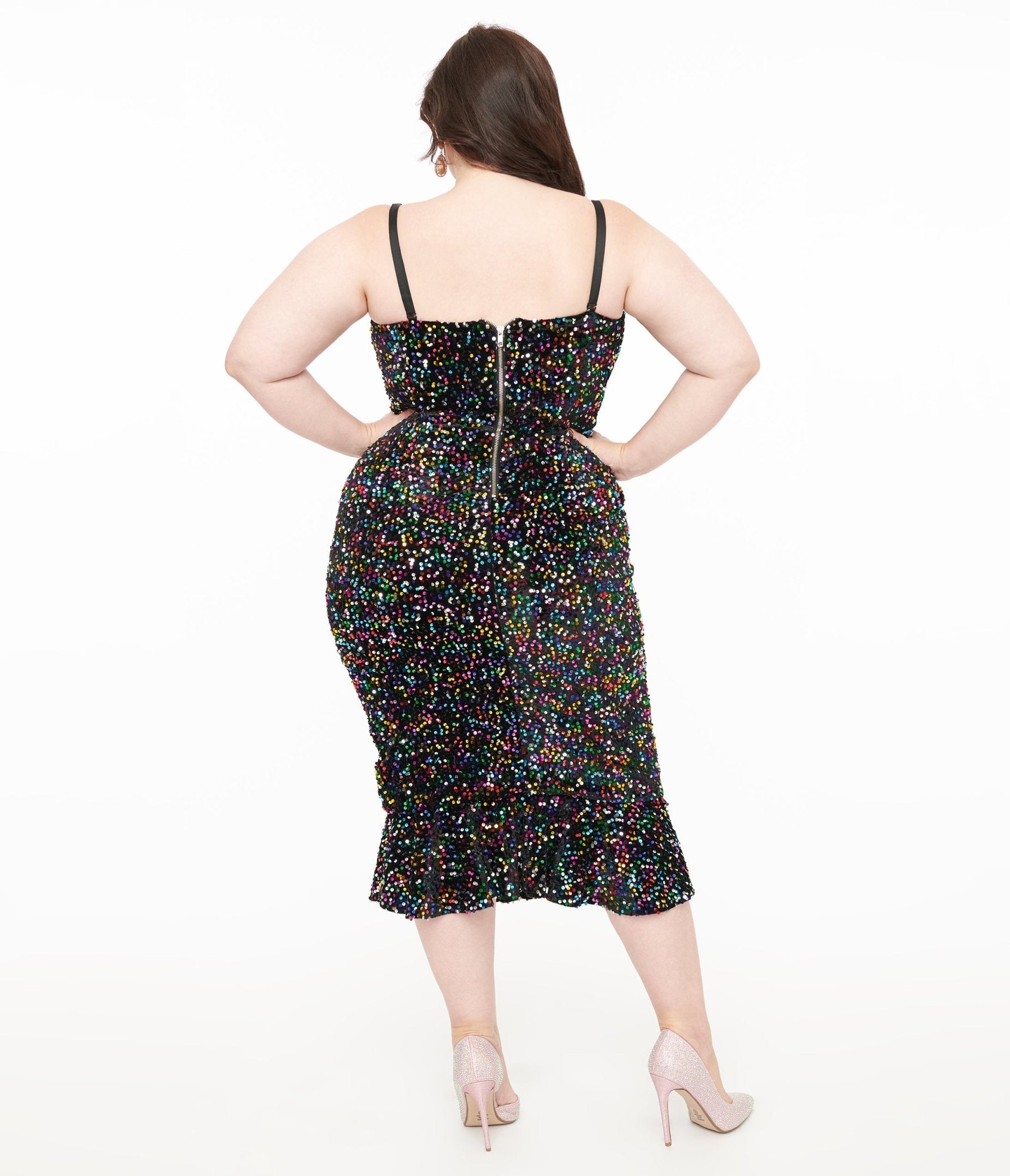 Unique Vintage Plus Size Rainbow Sequin Strapless Spotlight Wiggle Dress