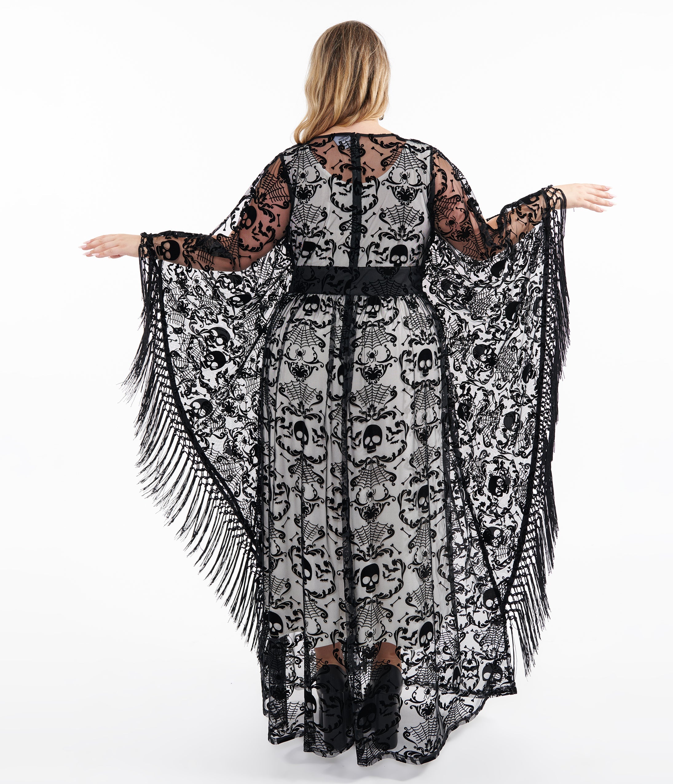 Unique Vintage Plus Size 1960s Black Baroque Skull Burnout Fringe Flutter Sleeve Caftan