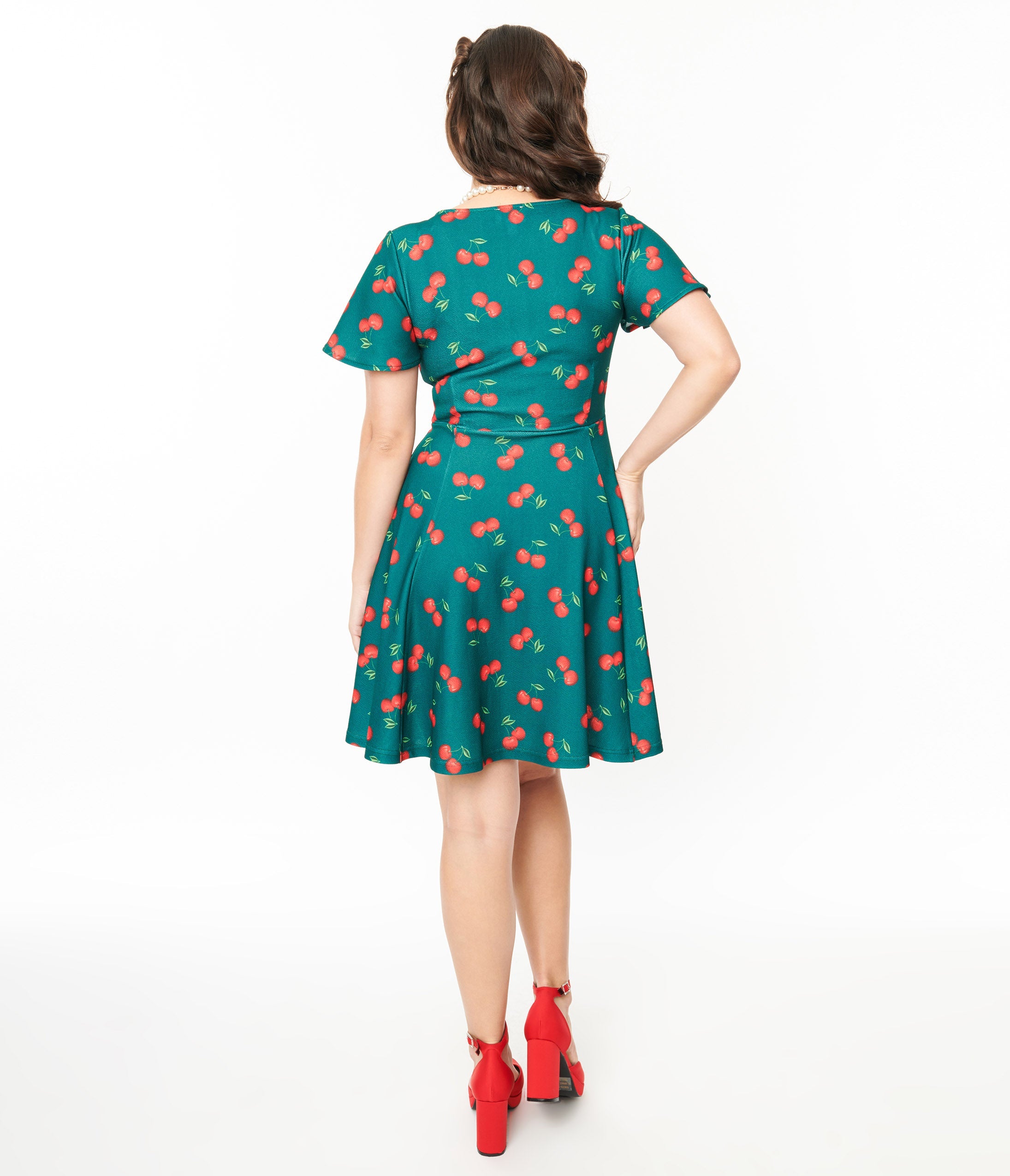 Unique Vintage 1950s Emerald & Cherry Print Poppy Flare Dress