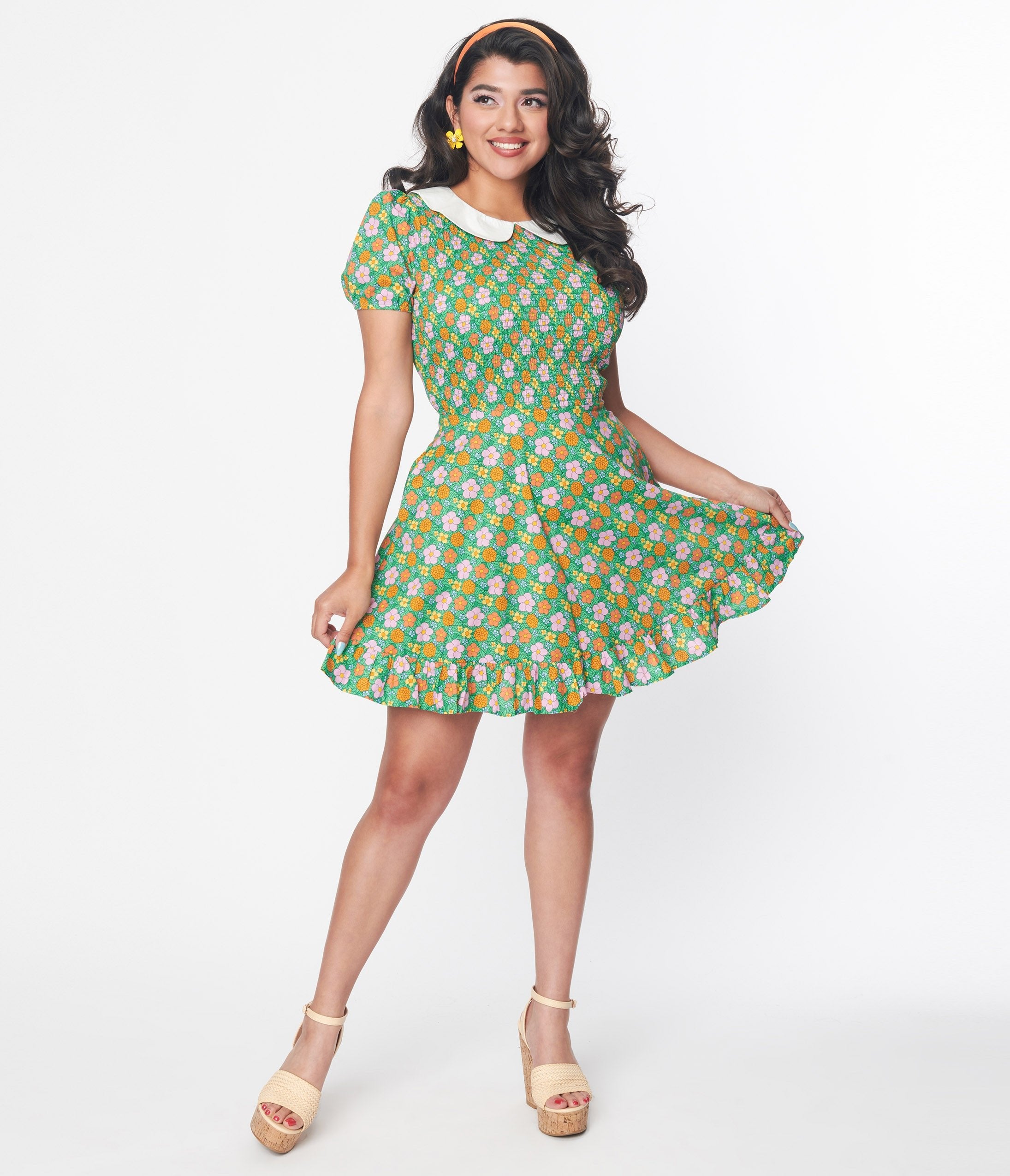 Smak Parlour 1960s Green Floral Smocked Fit & Flare Dress